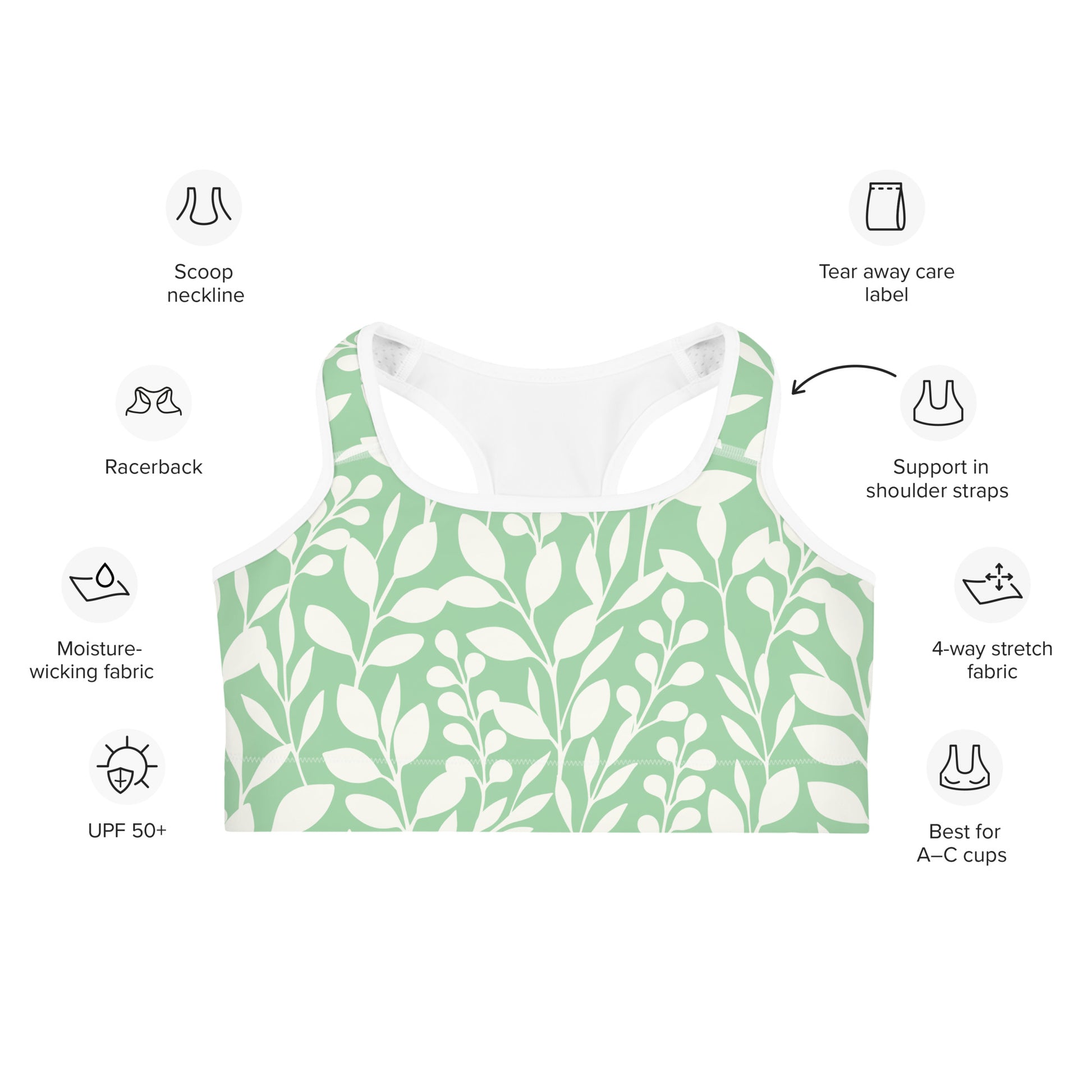 Front of Racerback Embrace Fearless Growth Sports Bra in Green and White plant design, with white trim.