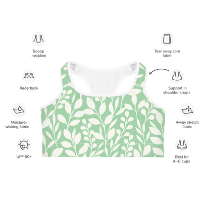Front of Racerback Embrace Fearless Growth Sports Bra in Green and White plant design, with white trim.