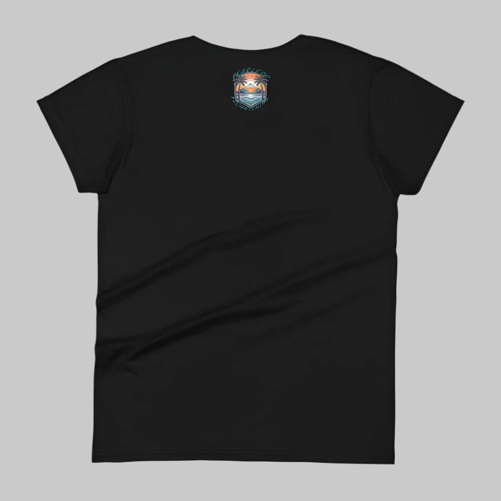 Back of T-Shirt in Black with Beach logo on top center near collar and the words Fearless Flourishing.