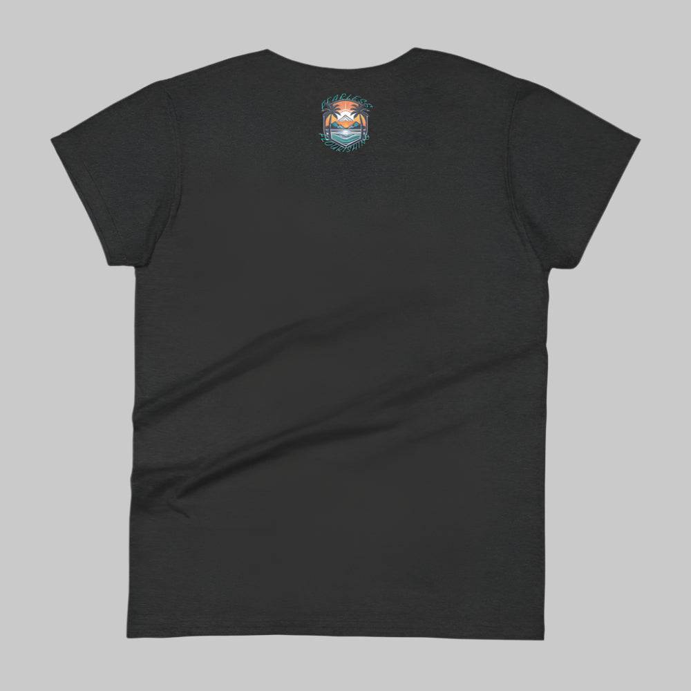 Back of T-Shirt in Dark Grey with Beach logo on top center near collar and the words Fearless Flourishing.