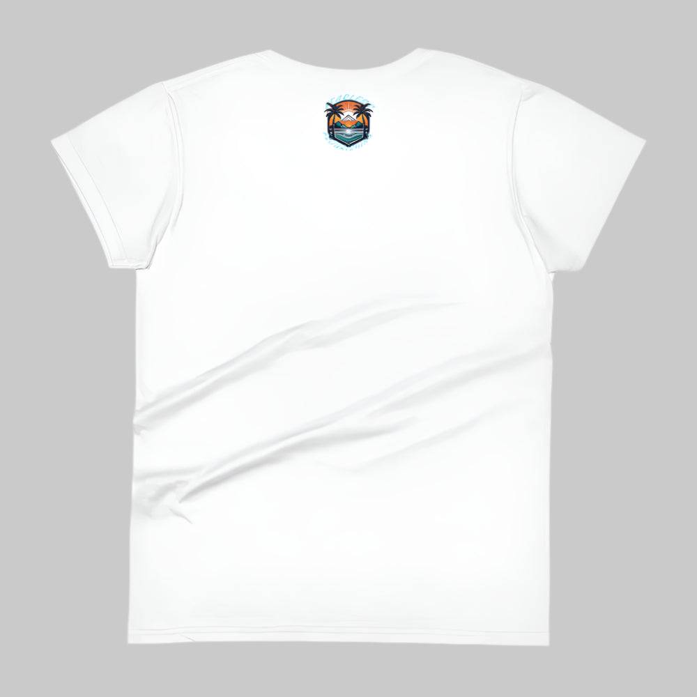 Back of T-Shirt in White with Beach logo on top center near collar and the words Fearless Flourishing.