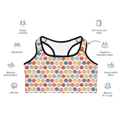 Front of Leafy Racerback Sports Bra in multicolor leaf design with Black Trim.