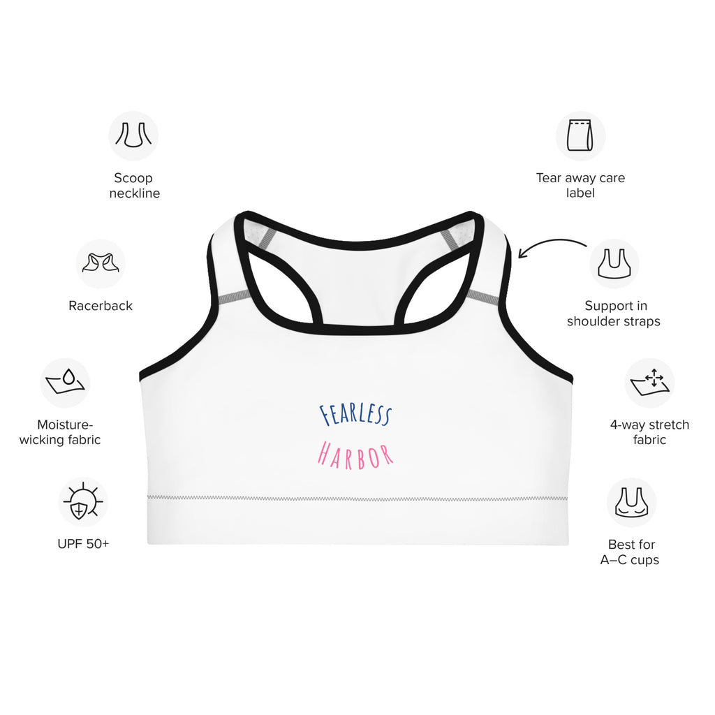 Front of Performance Sports Bra in White with Black Trim, with the text Fearless in Blue and Harbor in Pink.
