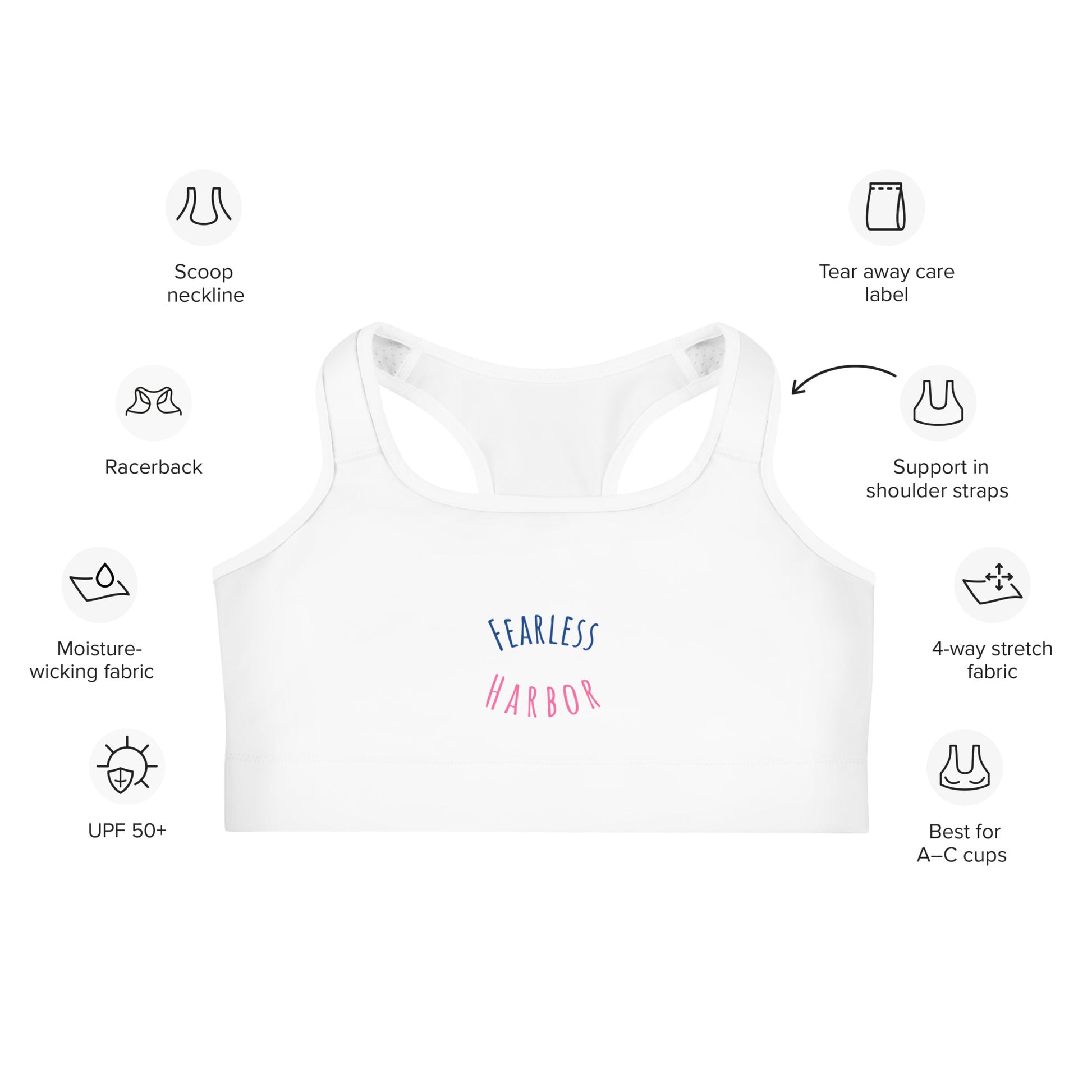 Front of Performance Sports Bra in White,, with the text Fearless in Blue and Harbor in Pink.