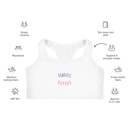 Front of Performance Sports Bra in White,, with the text Fearless in Blue and Harbor in Pink.