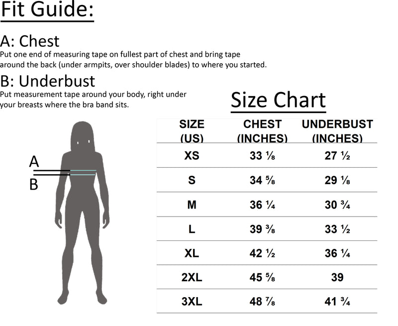 Size chart for Women's Fearless Camo Longline Sports Bra