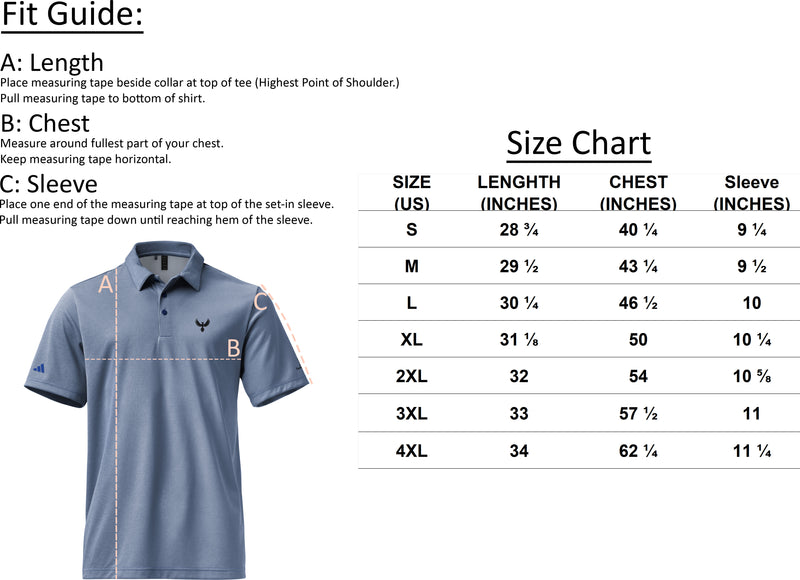Size chart for Men's Fearless Harbor adidas Space-Dyed Polo