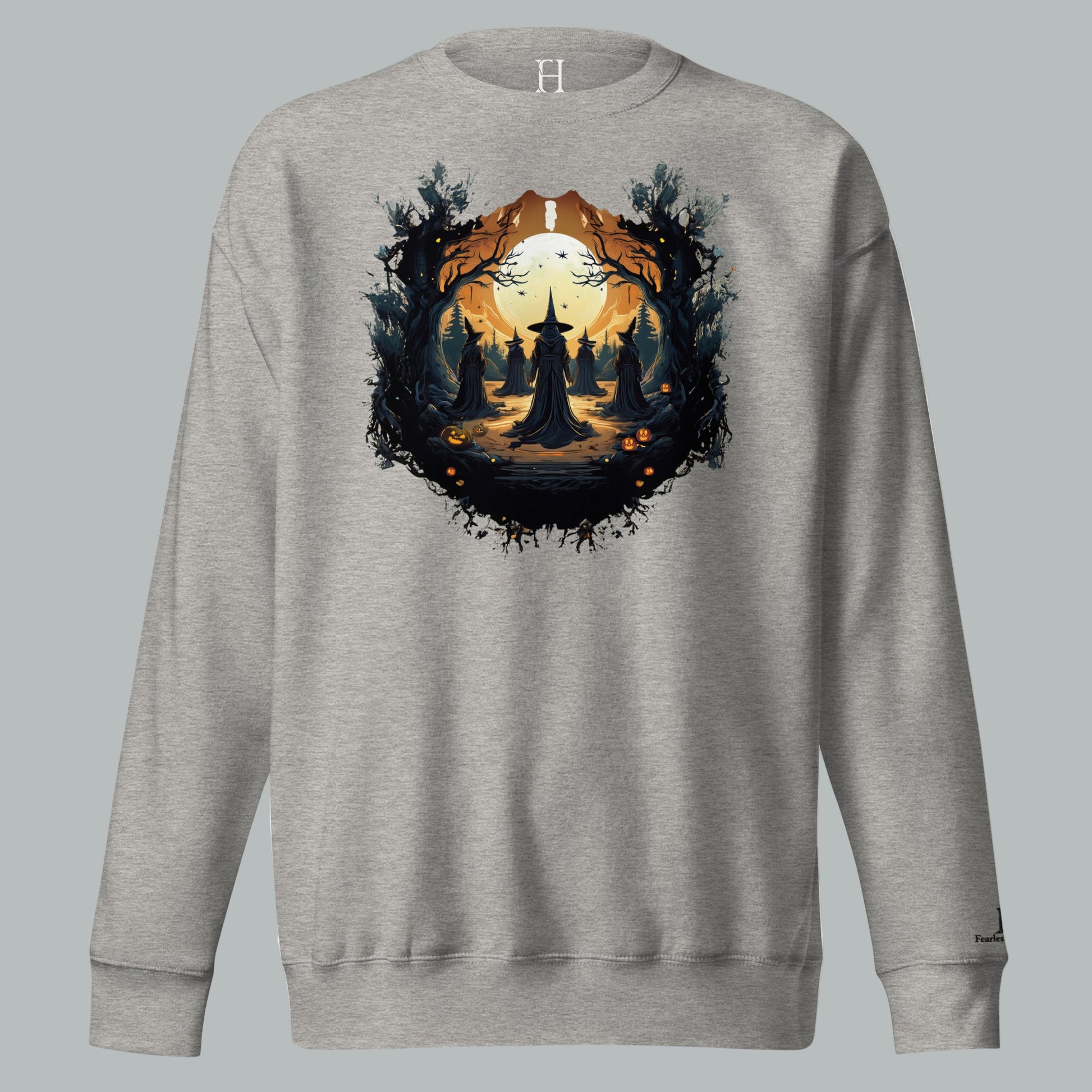 Front view of Fearless Harbor Coven Moon Ritual Sweatshirt in Carbon Grey, showcasing coven moon ritual design for Halloween.