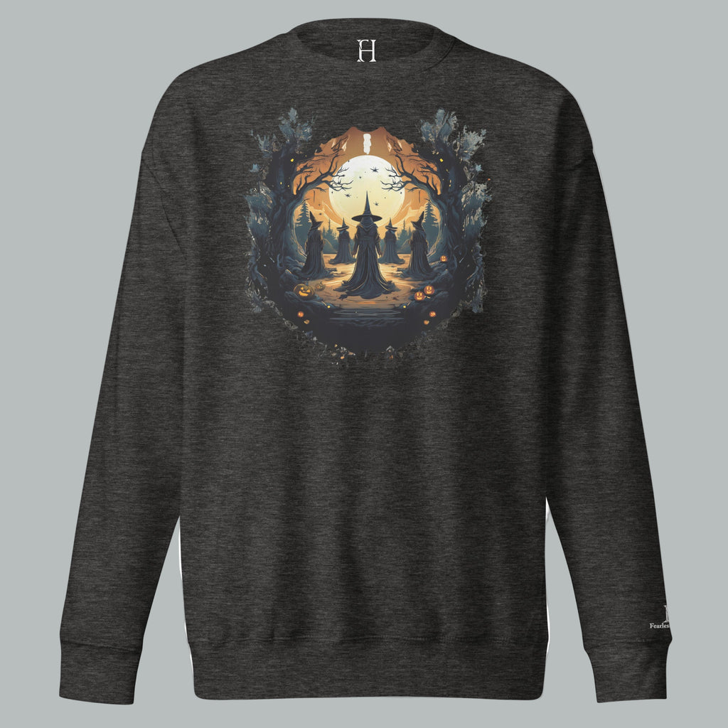 Front view of Fearless Harbor Coven Moon Ritual Sweatshirt in Charcoal Heather, showcasing coven moon ritual design for Halloween.