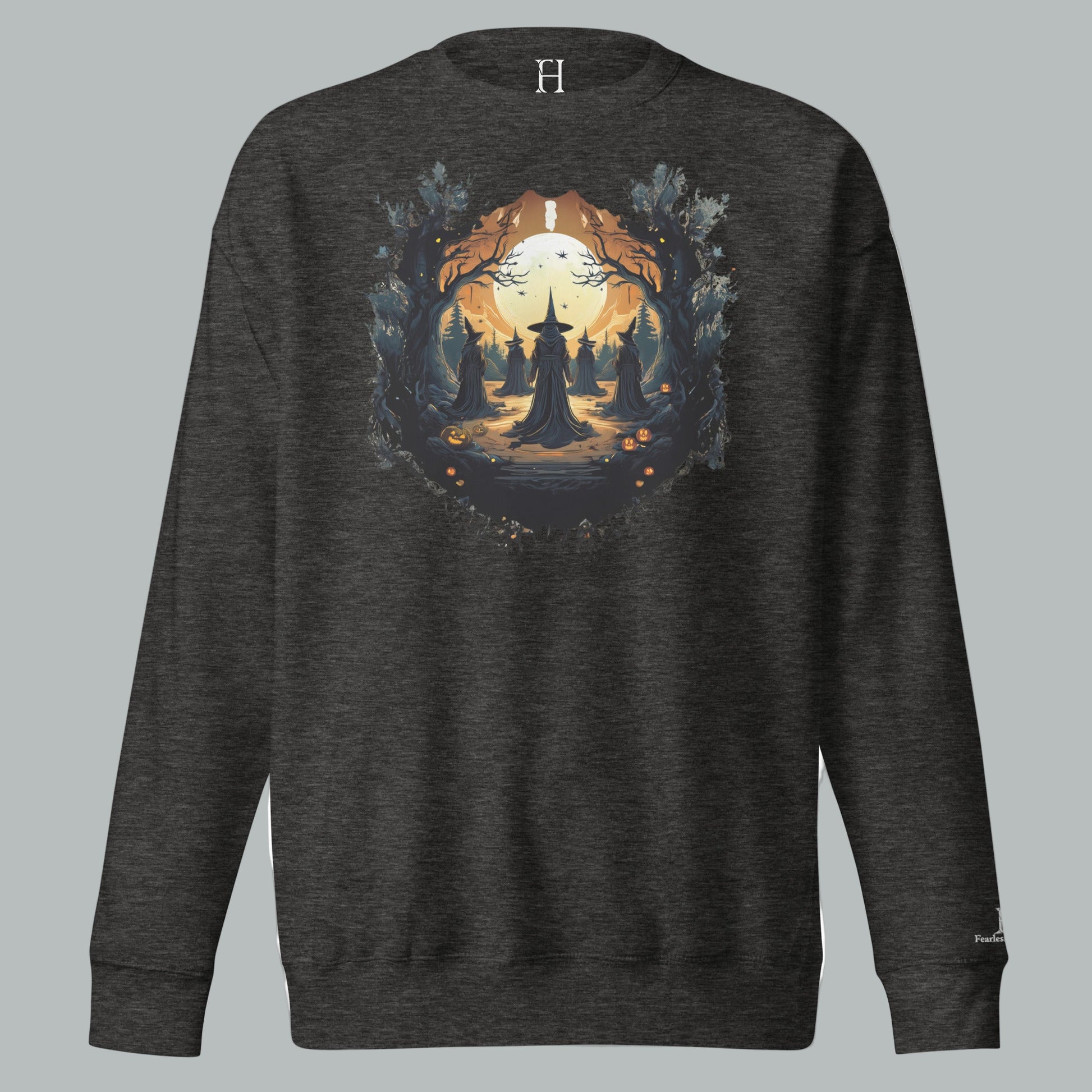 Front view of Fearless Harbor Coven Moon Ritual Sweatshirt in Charcoal Heather, showcasing coven moon ritual design for Halloween.