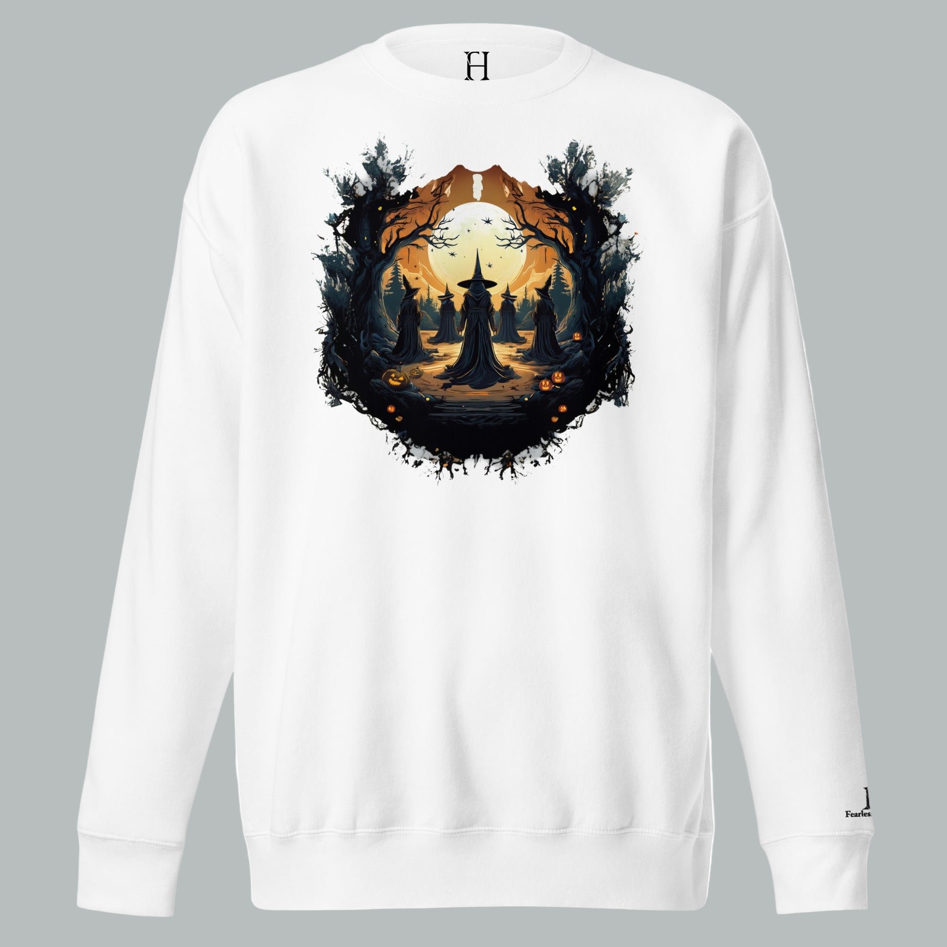 Front view of Fearless Harbor Coven Moon Ritual Sweatshirt in White, showcasing coven moon ritual design for Halloween.