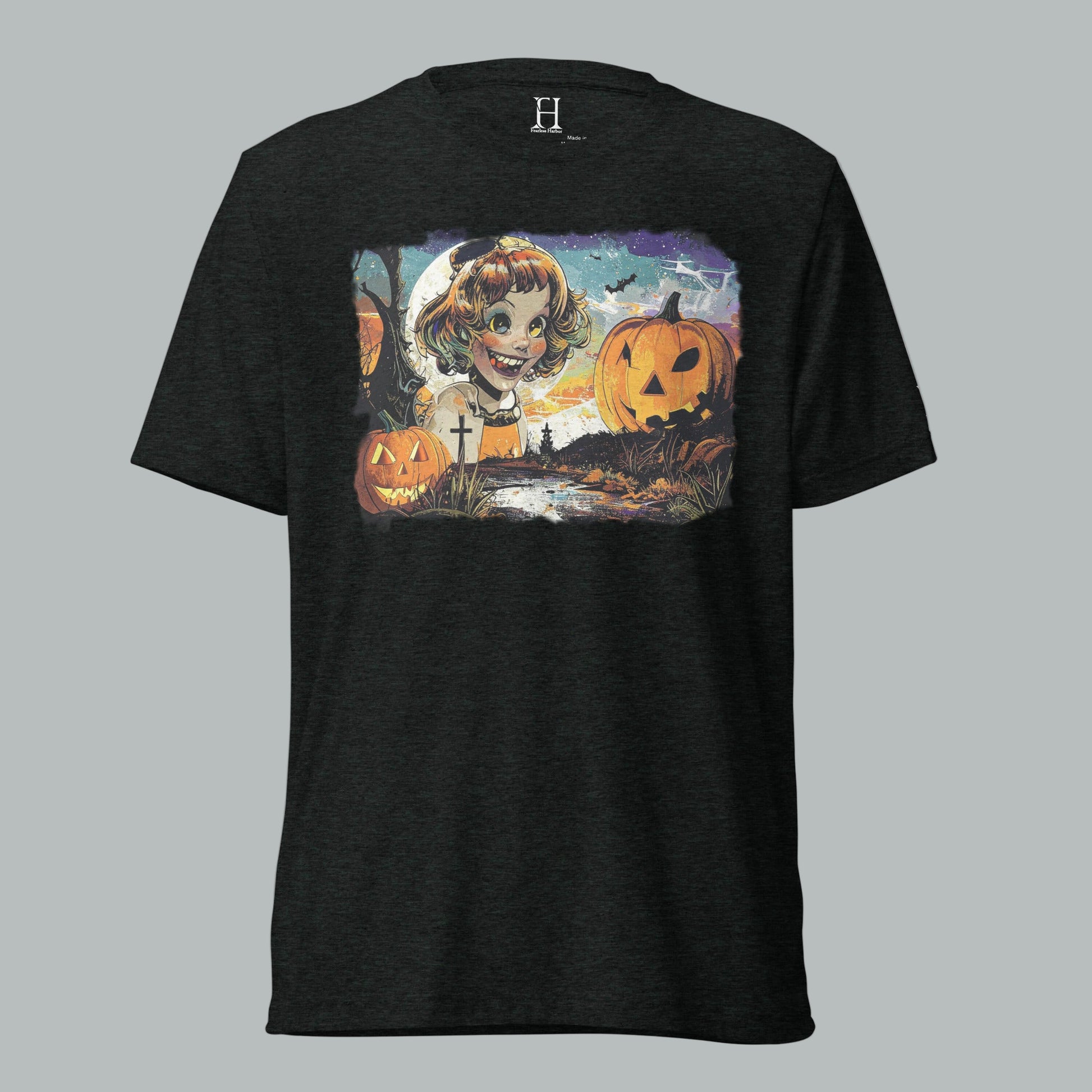Front view of Fearless Harbor Crazed Moonlit Muse Tee in Charcoal Black, featuring vintage haunted creepy smile design for Halloween.