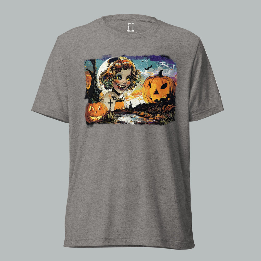 Front view of Fearless Harbor Crazed Moonlit Muse Tee in Charcoal grey, featuring vintage haunted creepy smile design for Halloween.