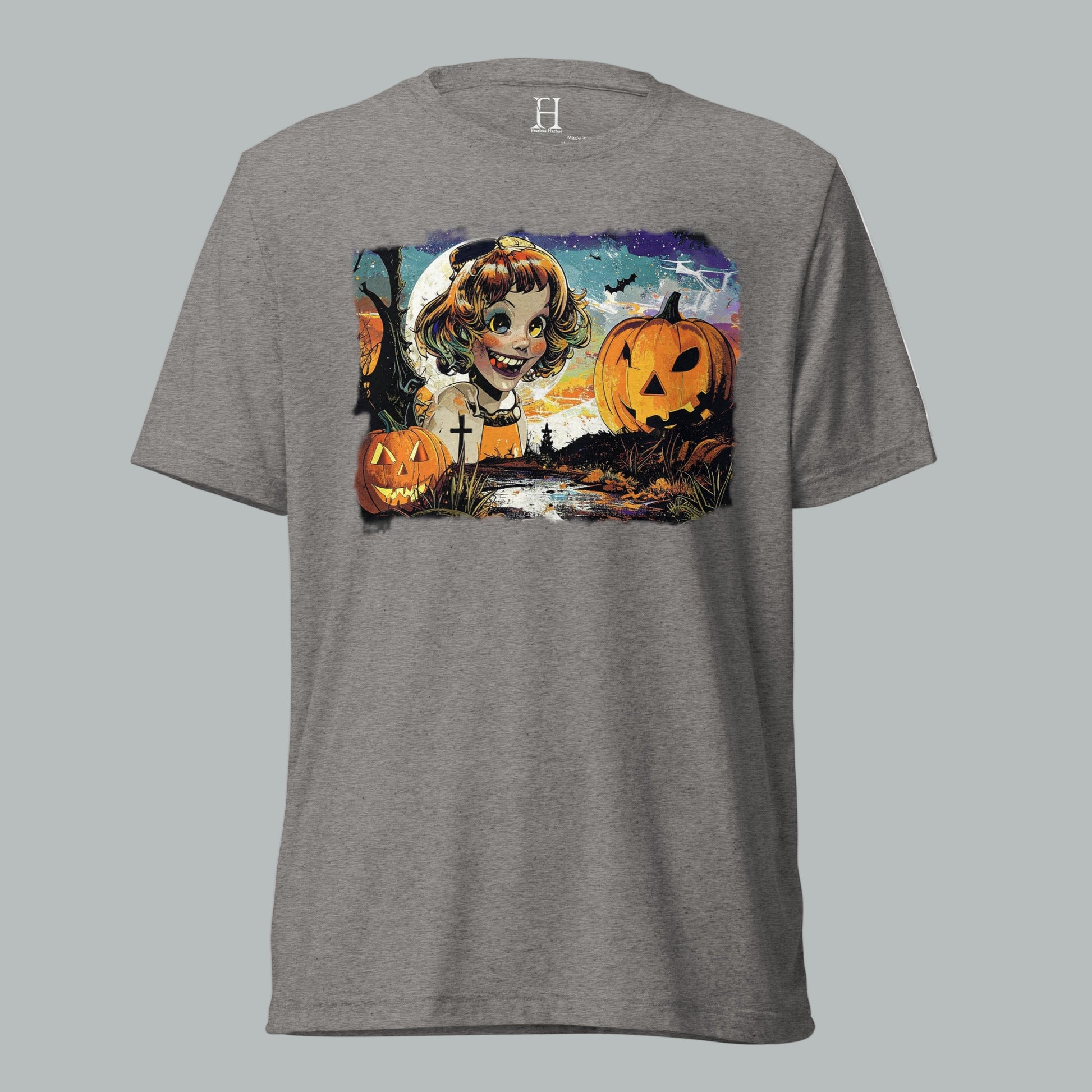 Front view of Fearless Harbor Crazed Moonlit Muse Tee in Charcoal grey, featuring vintage haunted creepy smile design for Halloween.