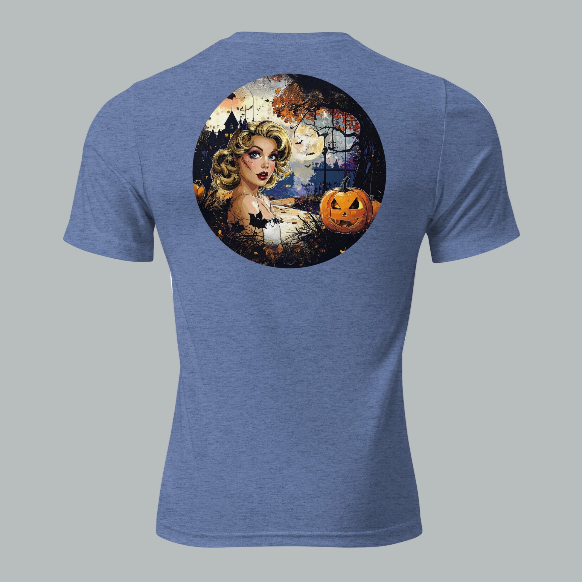 Back view of Enchanted Night Siren Tee in Blue, featuring vintage haunted night design.