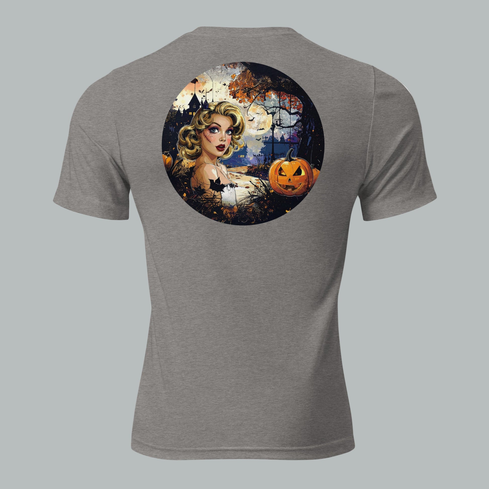 Back view of Enchanted Night Siren Tee in grey, featuring vintage haunted night design.