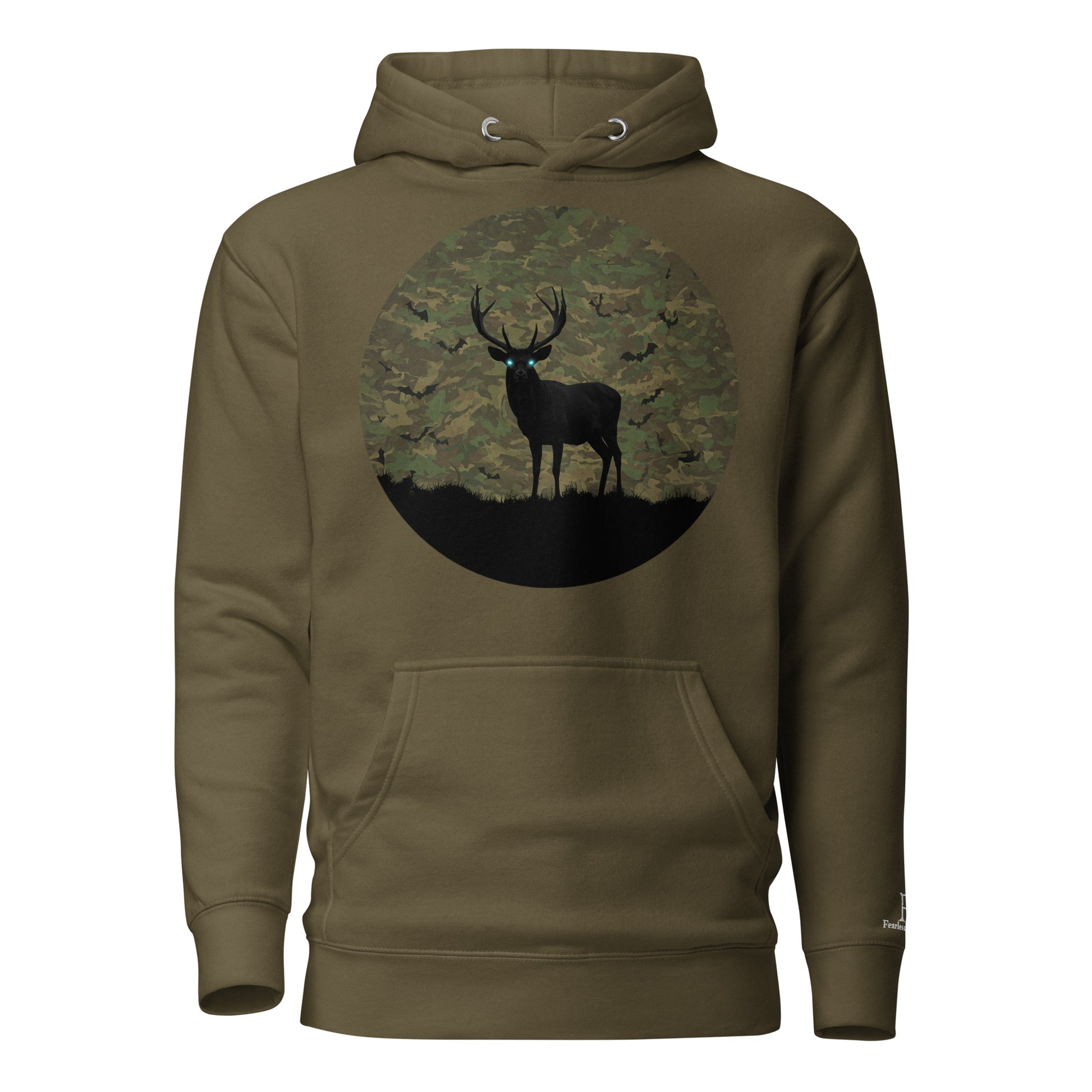 Front view of Fearless Harbor Fearless Haunt Hoodie in Military Green featuring spectral buck camo design for Halloween.