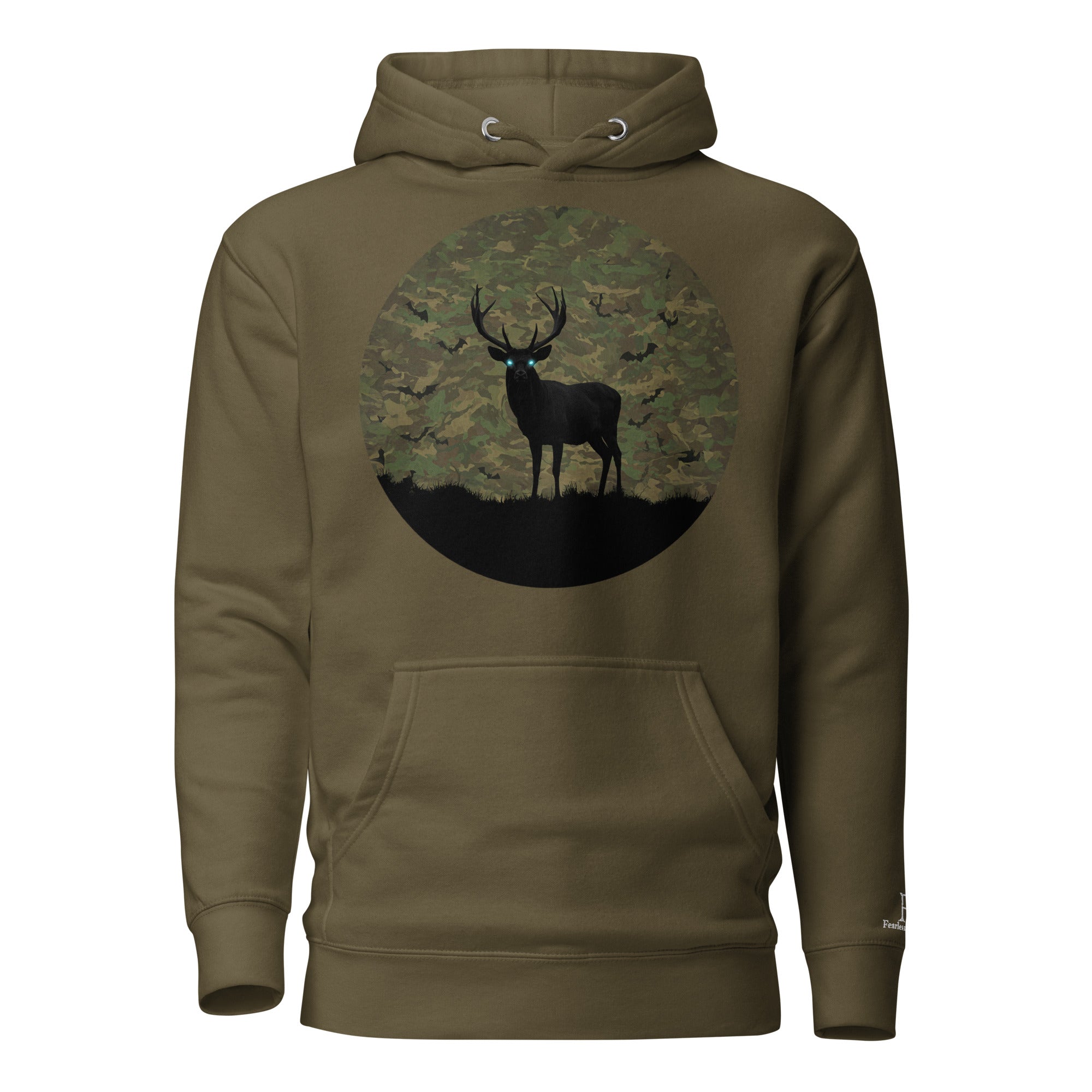 Front view of Fearless Harbor Fearless Haunt Hoodie in Military Green featuring spectral buck camo design for Halloween.