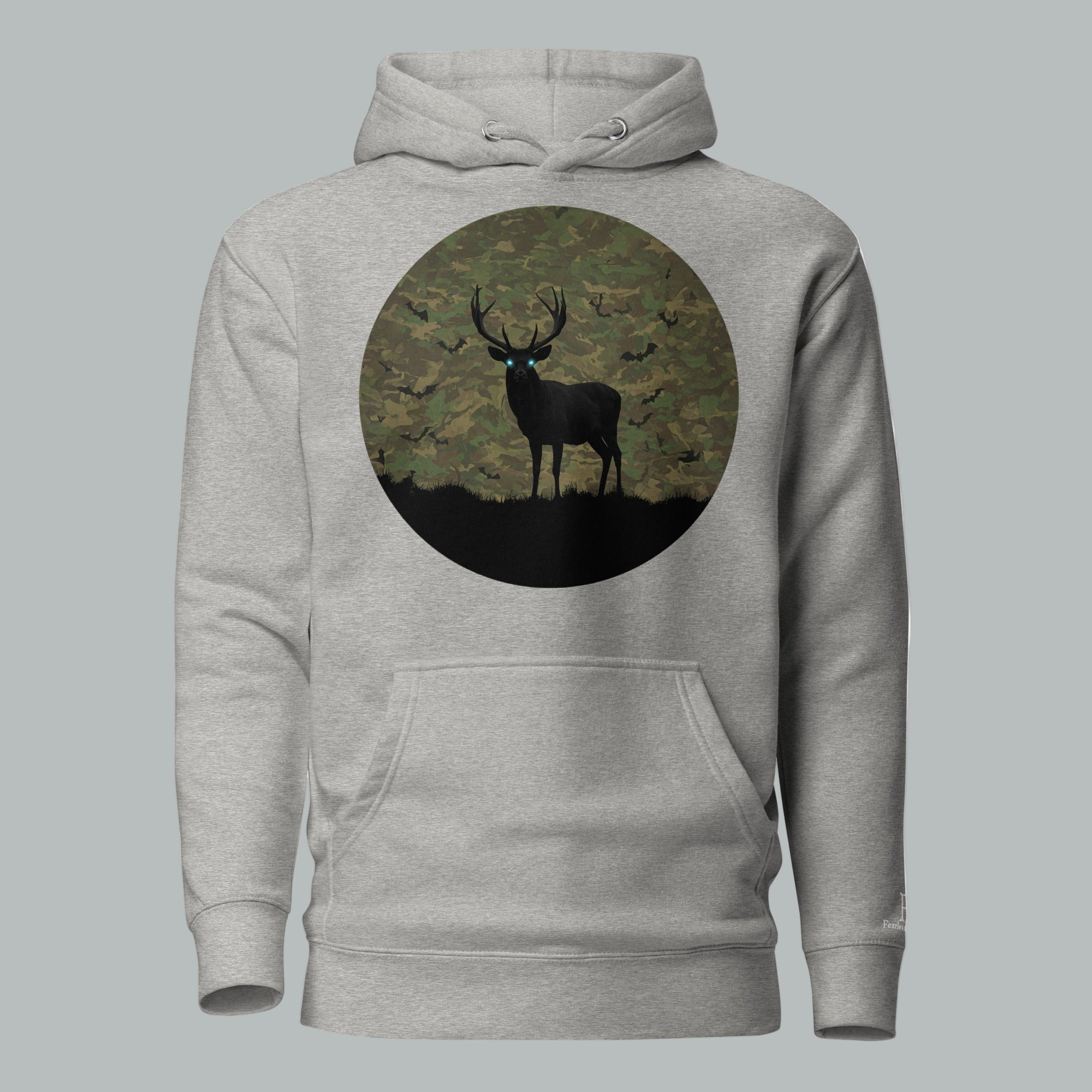 Front view of Fearless Harbor Fearless Haunt Hoodie in Carbon Grey, featuring spectral buck camo design for Halloween.