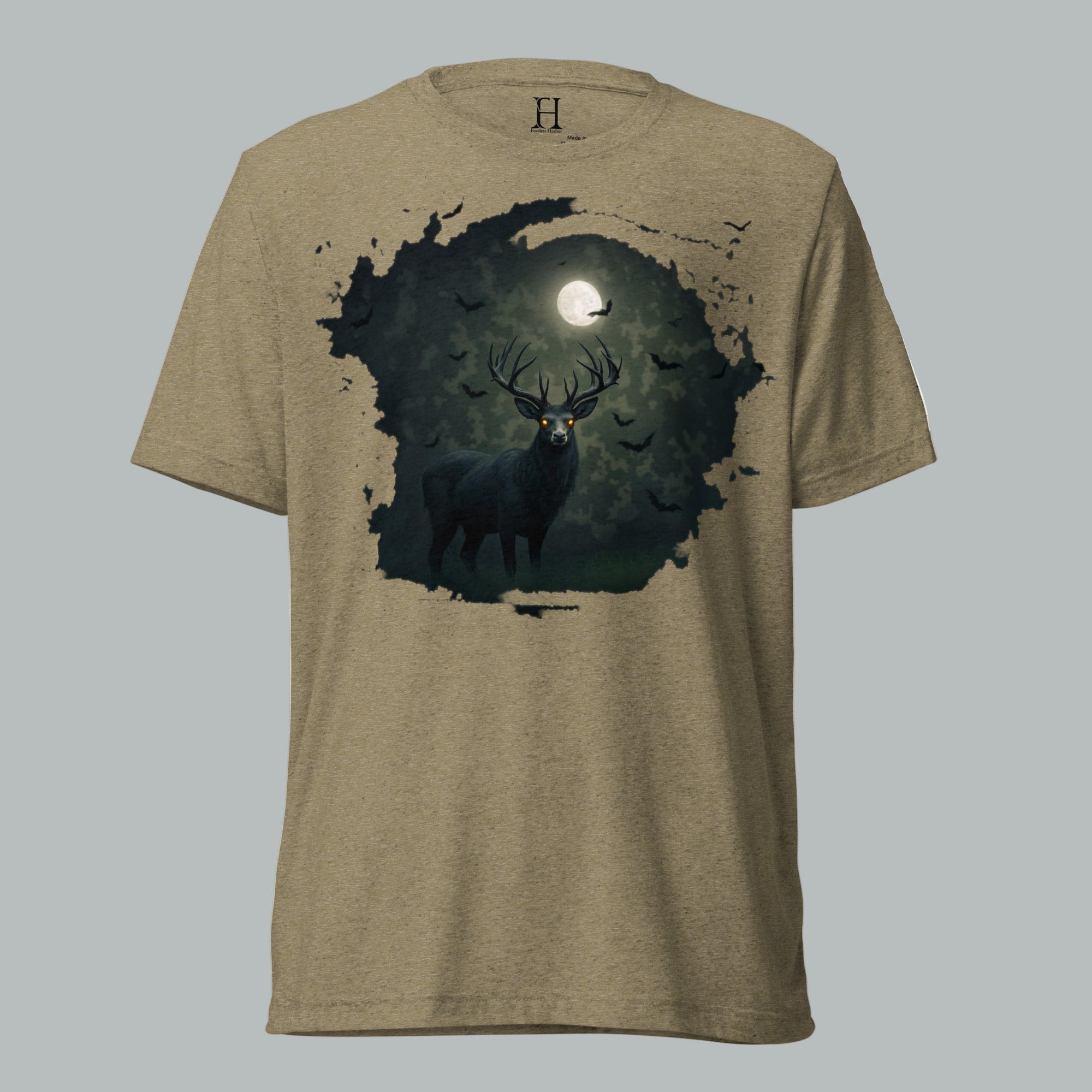 Front view of Fearless Harbor Fearless Haunting Tee in Olive, featuring spectral buck camo design for Halloween.