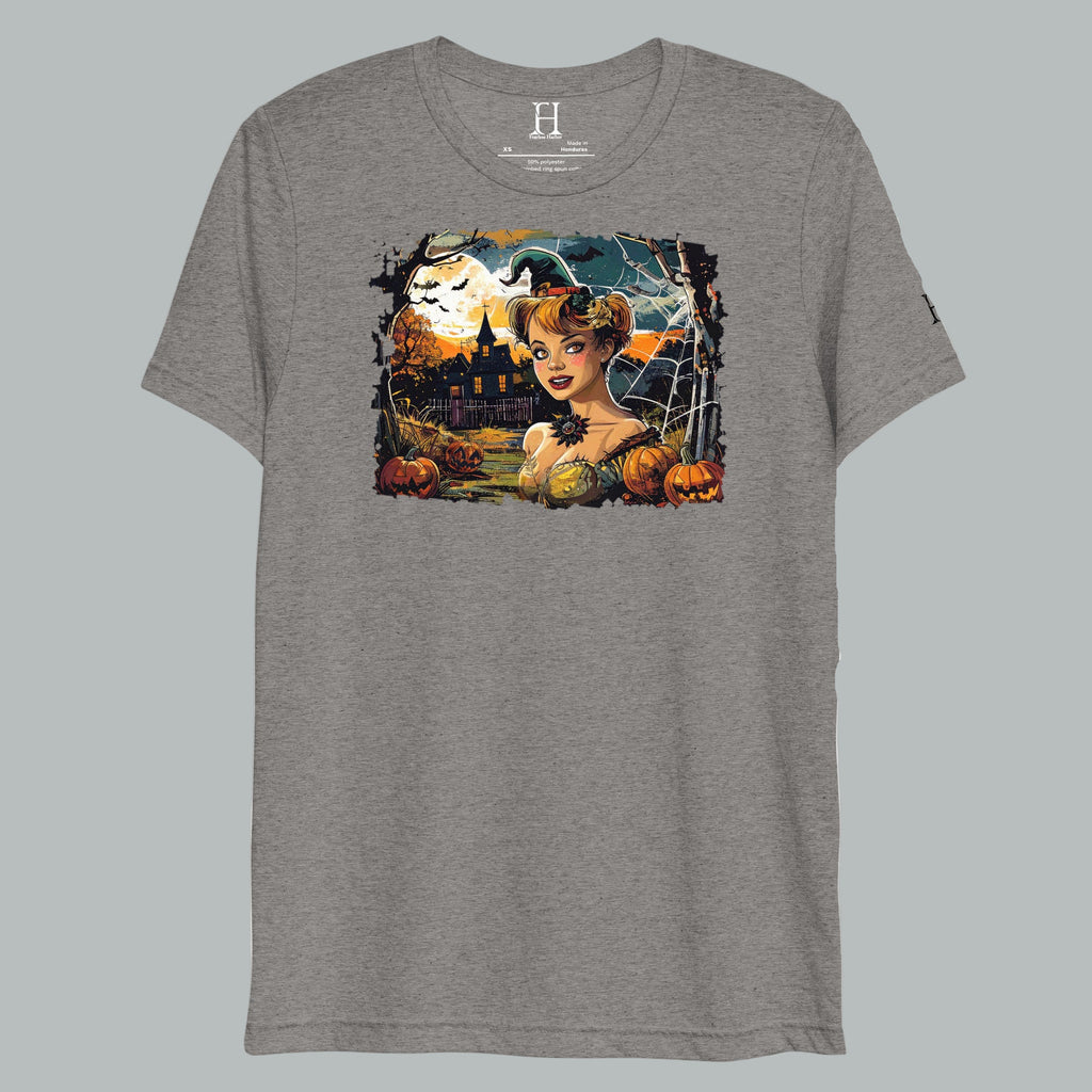 Front view of Ghostly Dusk Enchantress T-Shirt in Grey, featuring vintage haunted dusk design.