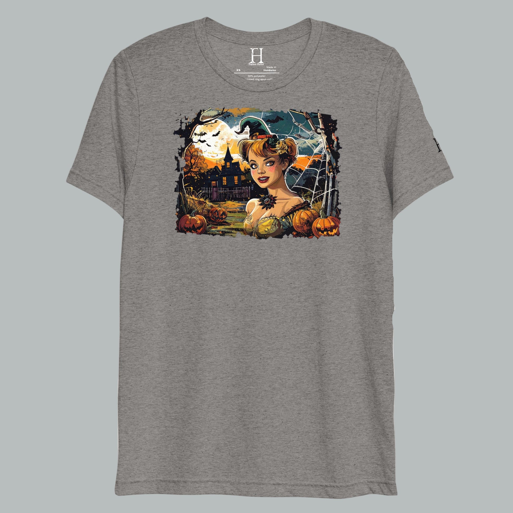 Front view of Ghostly Dusk Enchantress T-Shirt in Grey, featuring vintage haunted dusk design.