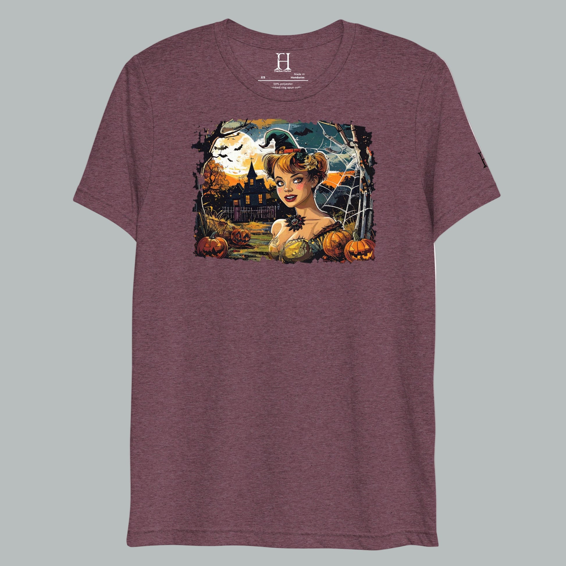 Front view of Ghostly Dusk Enchantress T-Shirt in Maroon, featuring vintage haunted dusk design.