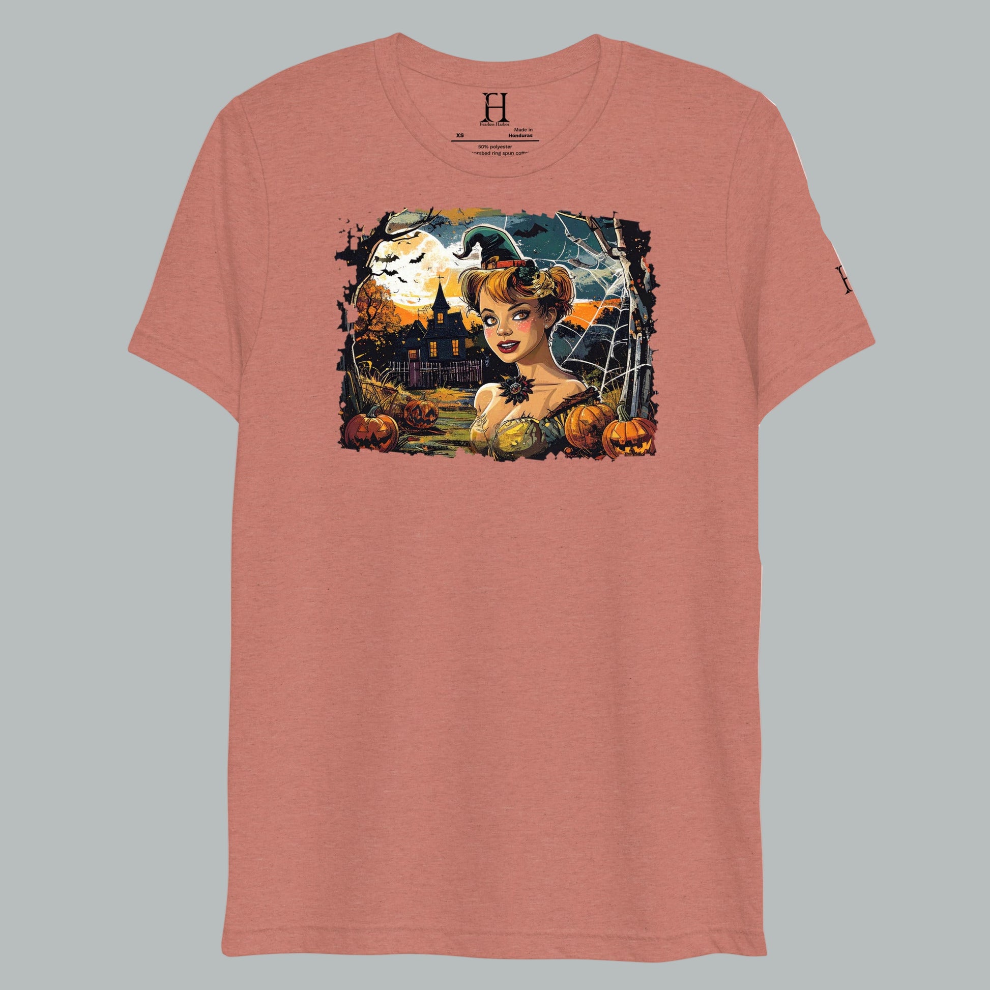 Front view of Ghostly Dusk Enchantress T-Shirt in Mauve, featuring vintage haunted dusk design.
