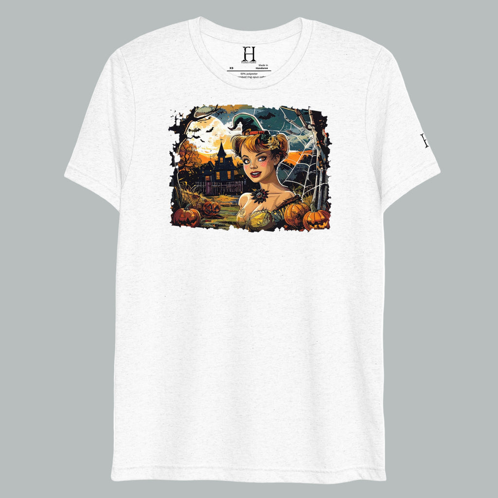 Front view of Ghostly Dusk Enchantress T-Shirt in White, featuring vintage haunted dusk design.