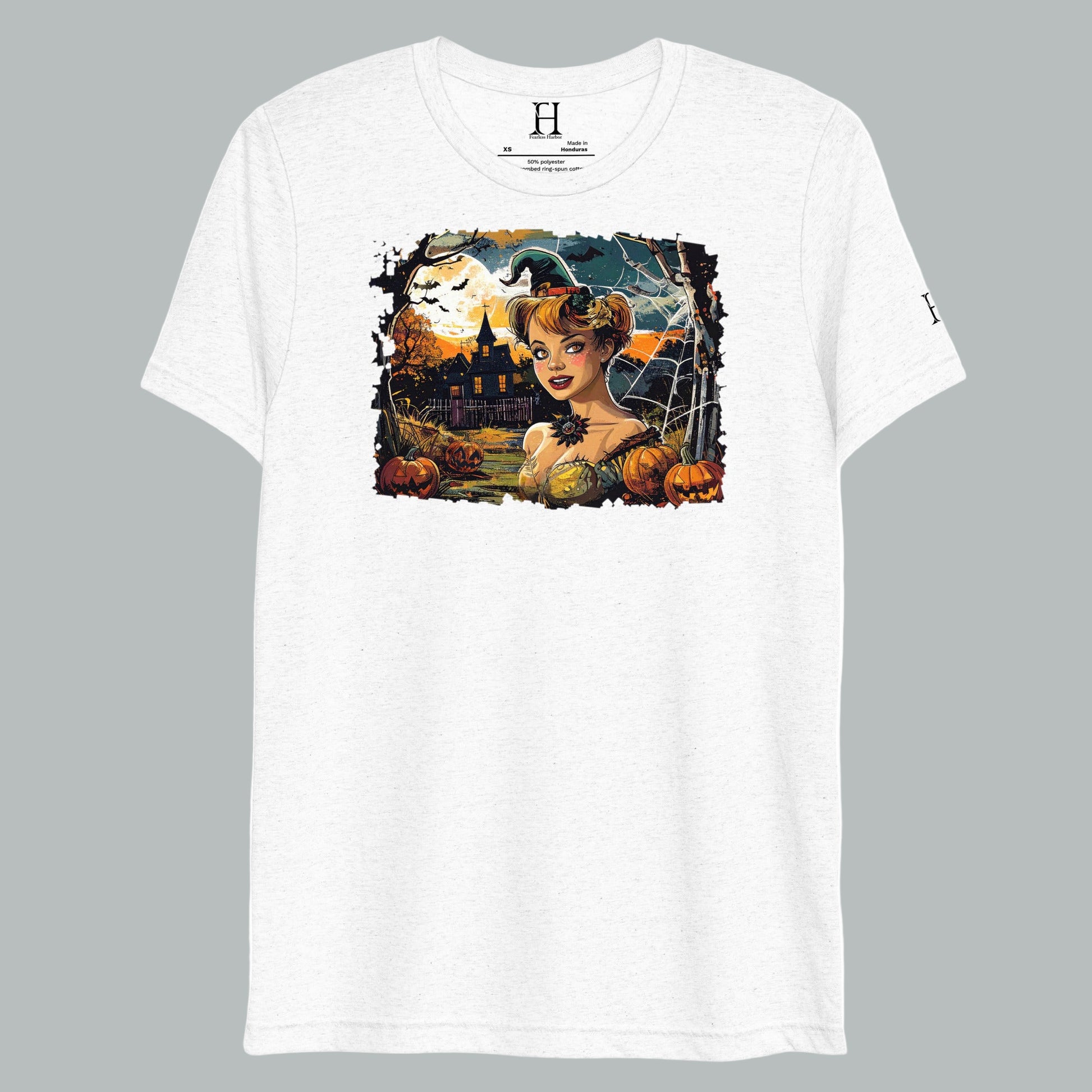Front view of Ghostly Dusk Enchantress T-Shirt in White, featuring vintage haunted dusk design.