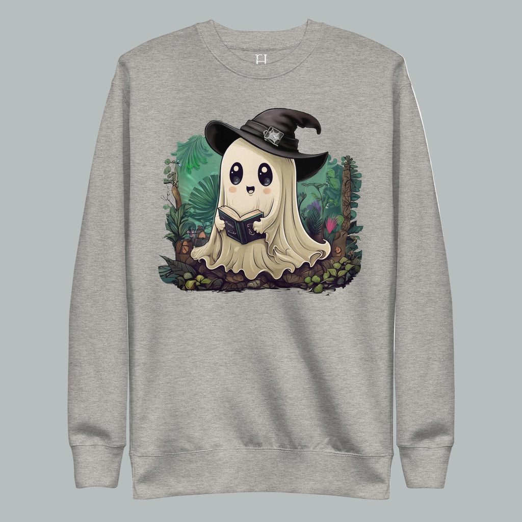 Front view of Fearless Harbor Ghostly Plant Keeper Sweatshirt in Carbon Grey, featuring unique plant design.
