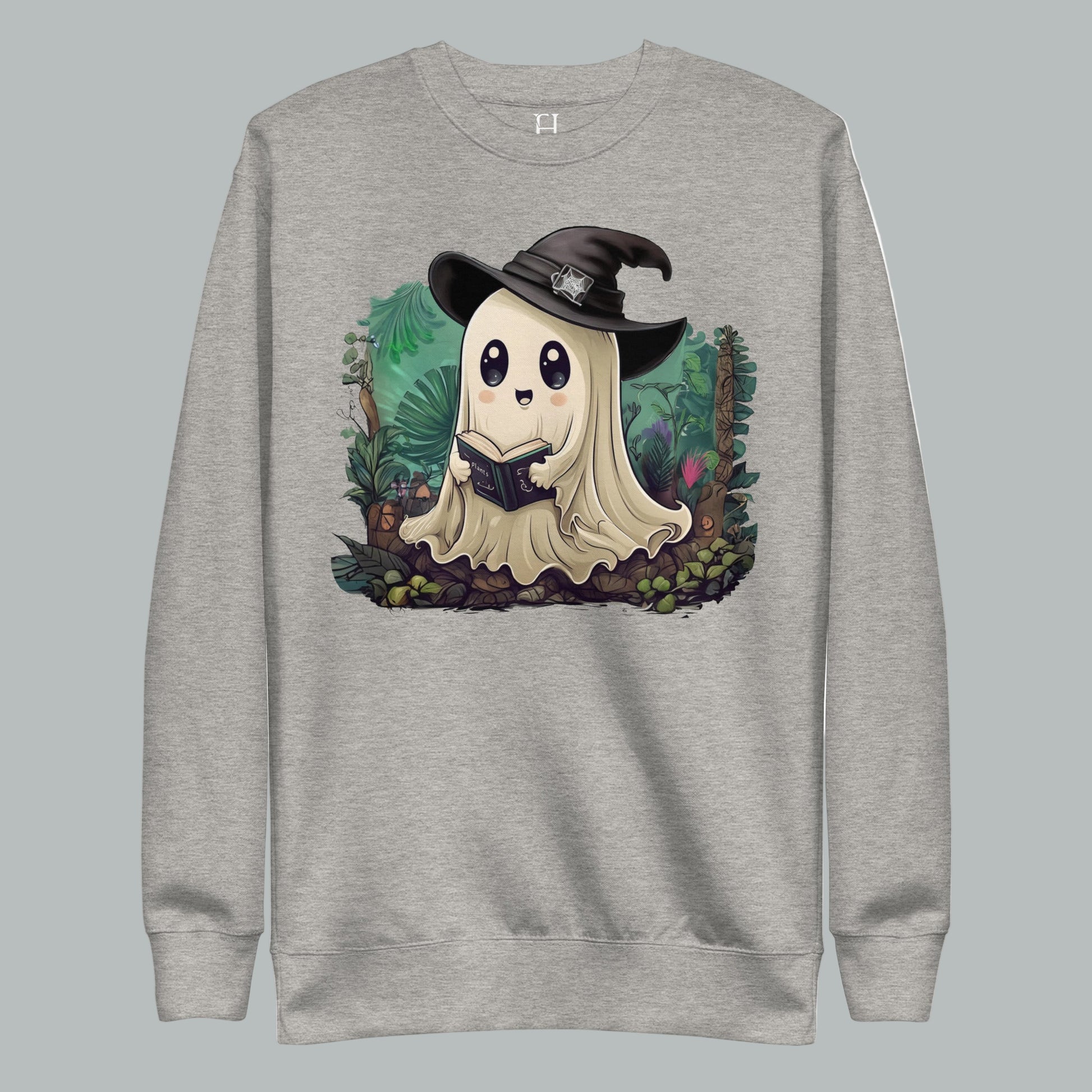 Front view of Fearless Harbor Ghostly Plant Keeper Sweatshirt in Carbon Grey, featuring unique plant design.