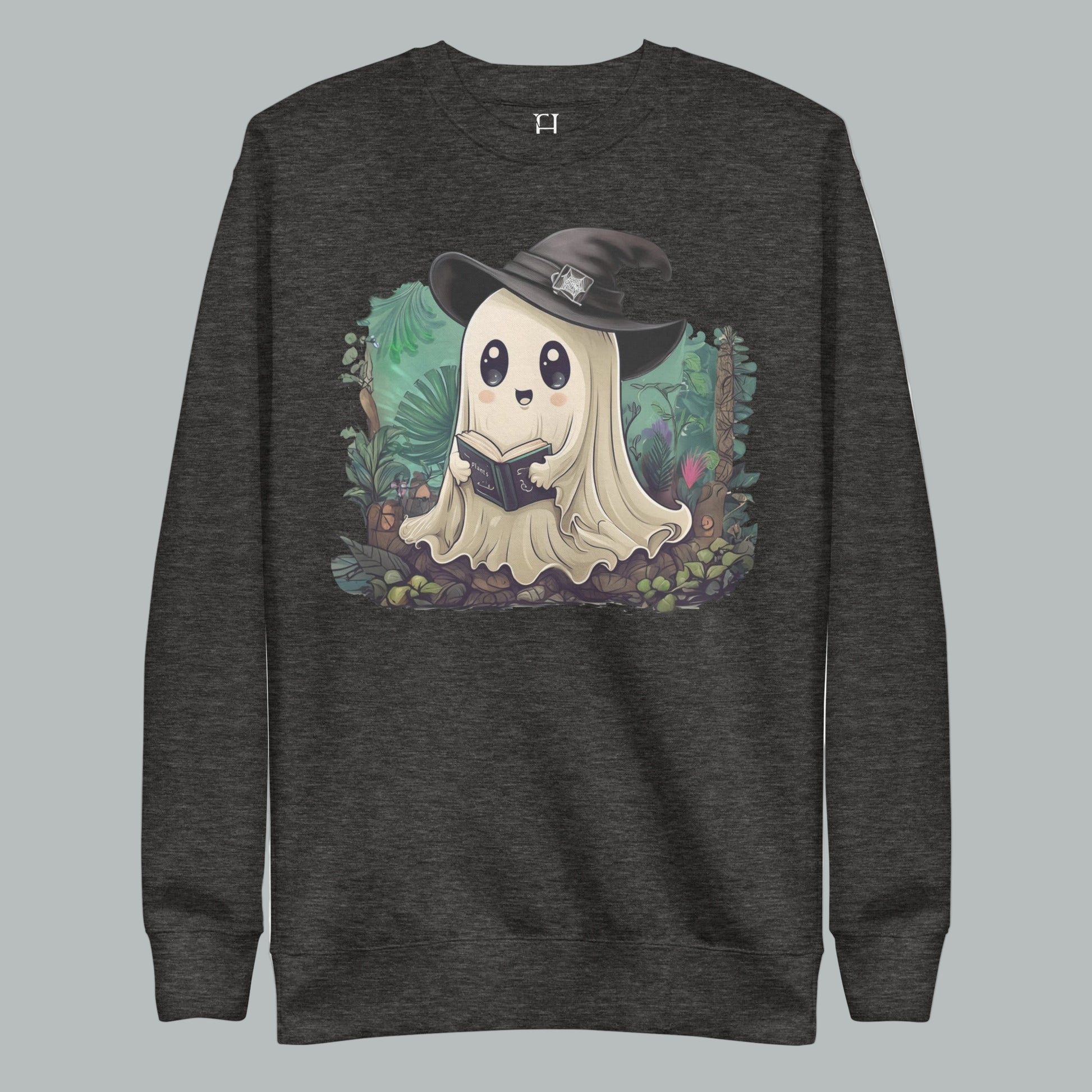 Front view of Fearless Harbor Ghostly Plant Keeper Sweatshirt in Charcoal Heather, featuring unique plant design.