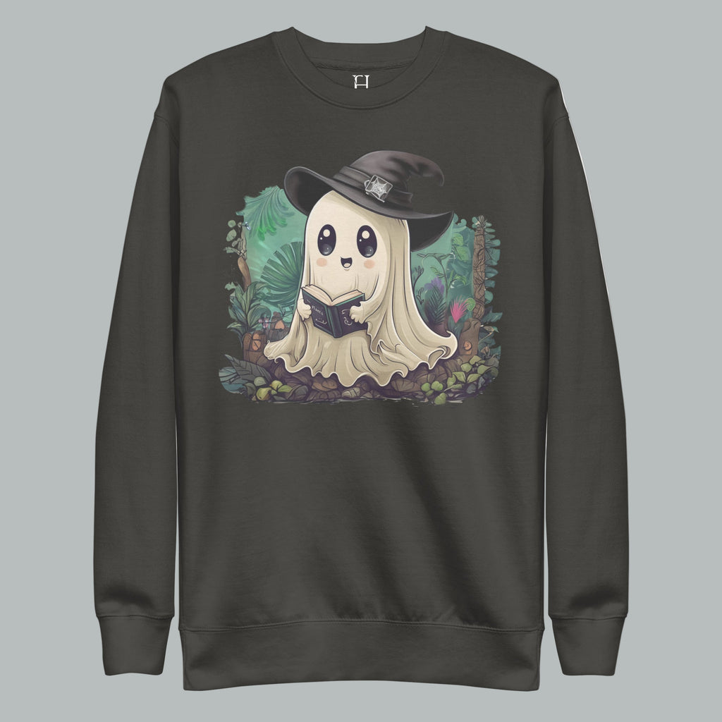 Front view of Ghostly Plant Keeper Sweatshirt in Vintage Black featuring unique plant design.