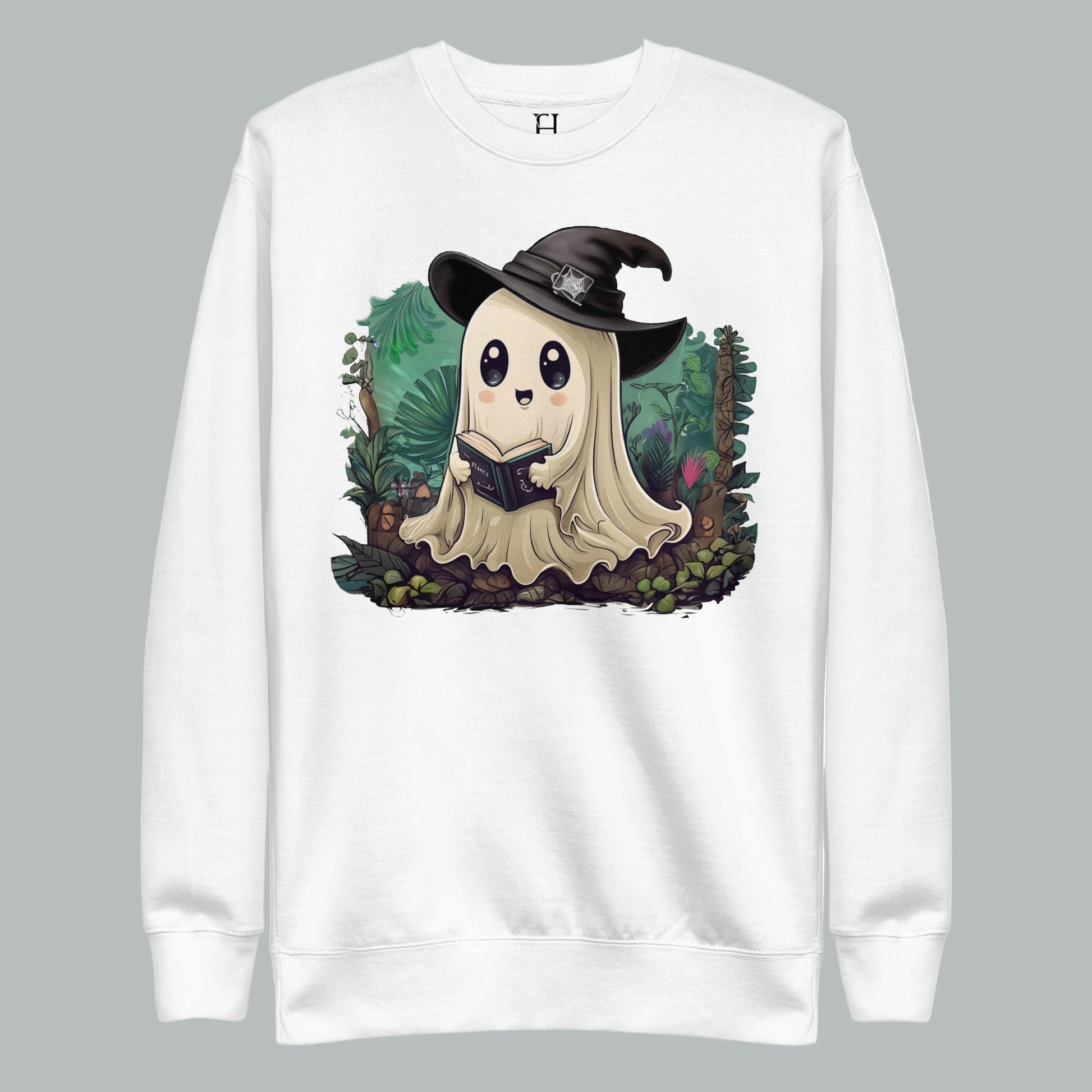 Front view of Fearless Harbor Ghostly Plant Keeper Sweatshirt in White, featuring unique plant design.