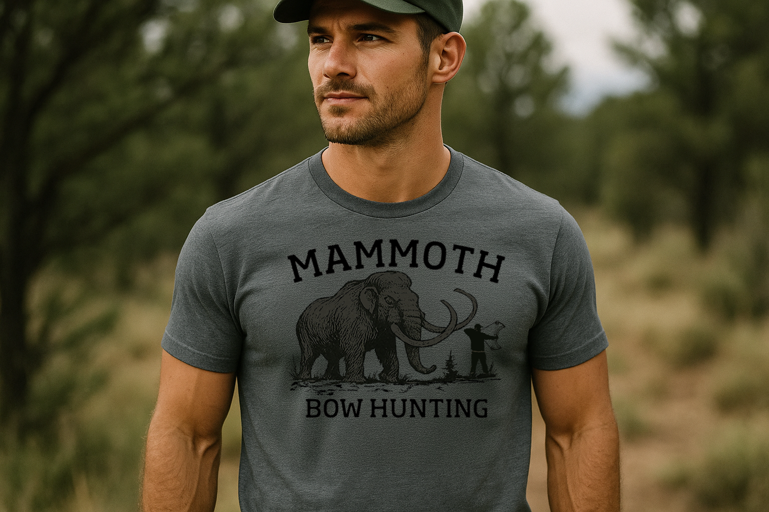 Hunter wearing Fearless Harbor Men’s Mammoth Bow Hunting Tee in blue in the wilderness, highlighting outdoor style.
