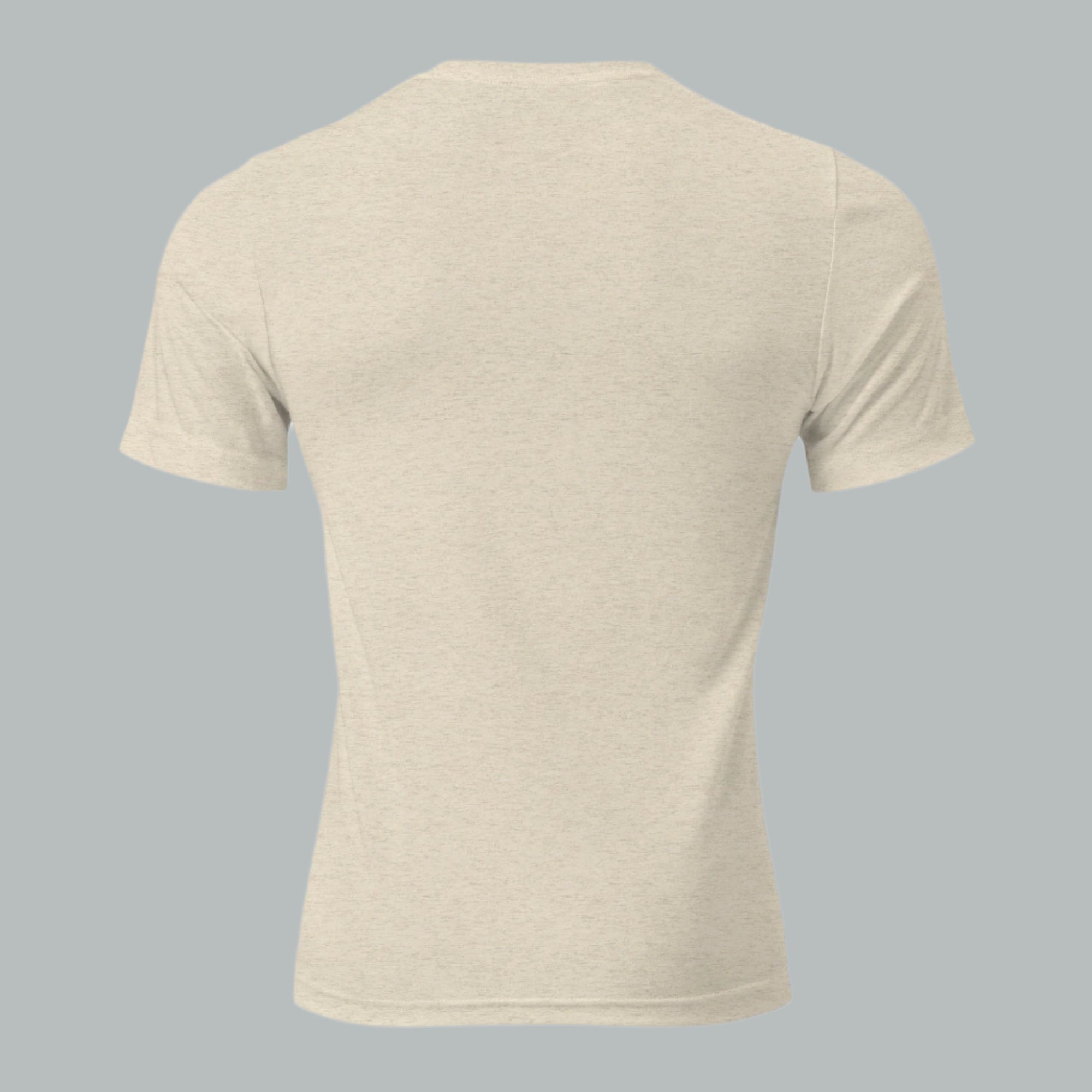 Back view of Fearless Harbor Men's Buck Ridge Tee in Oatmeal, showcasing tri-blend outdoor style.