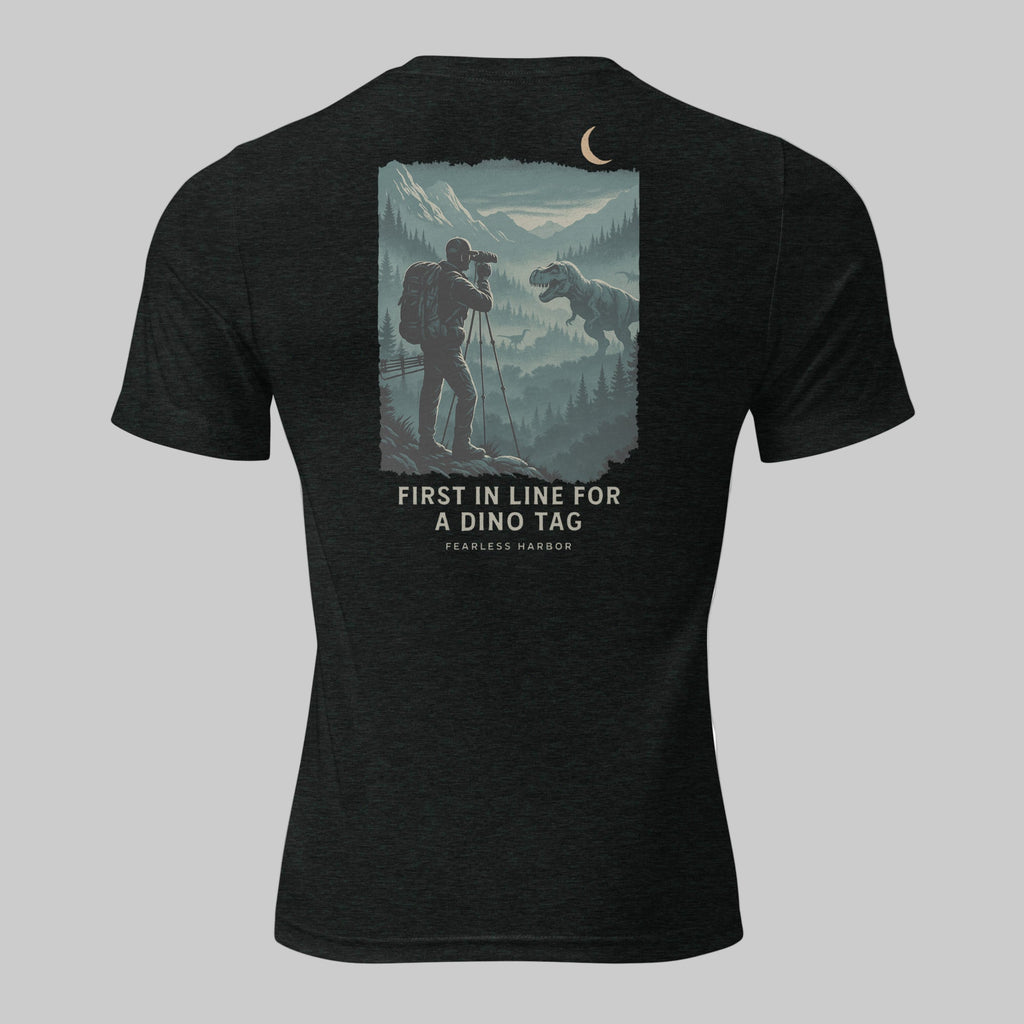 Back view of Fearless Harbor Men's Dino Tag Scout Tee Tee in Charcoal Black, featuring hunter glassing big game T-Rex. 