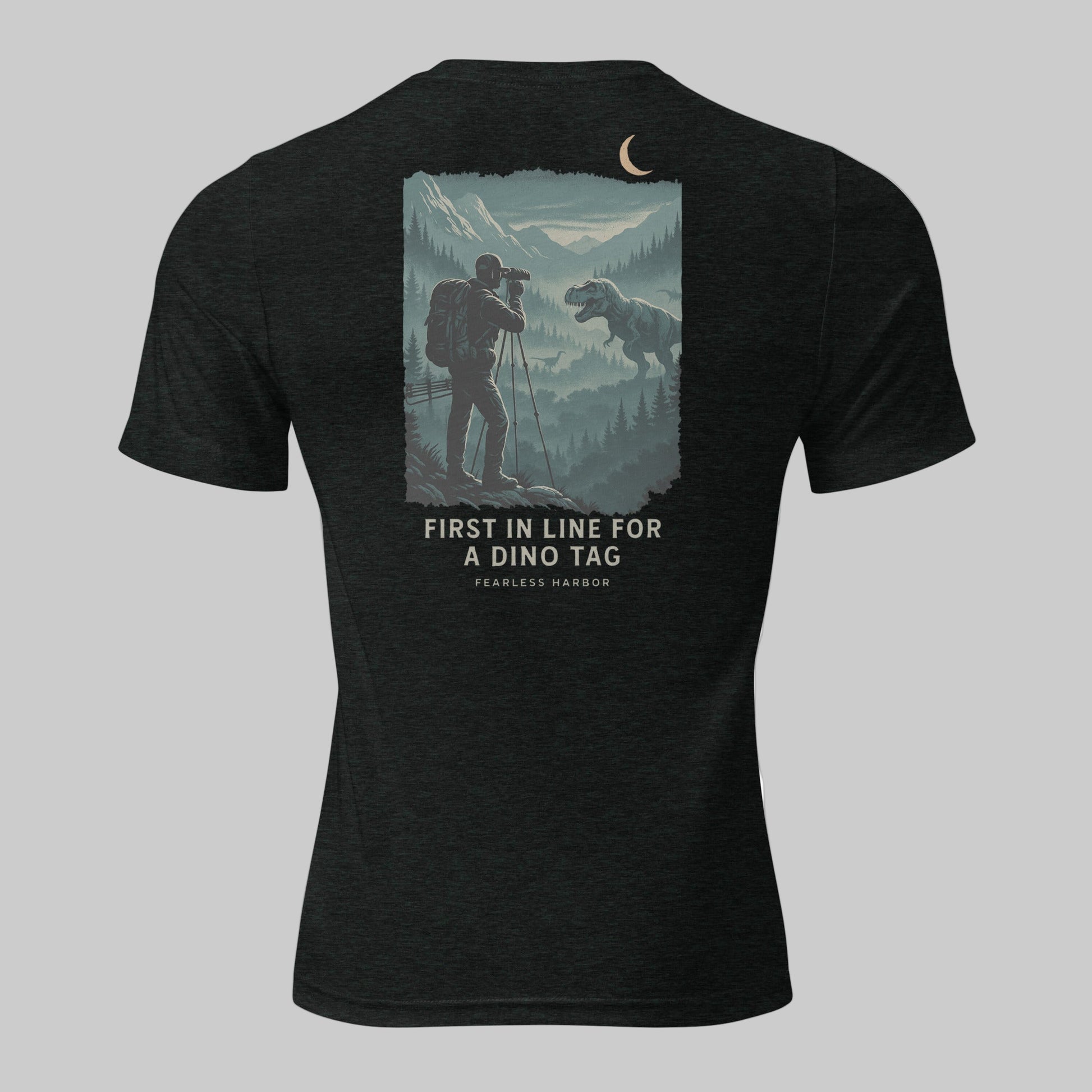 Back view of Fearless Harbor Men's Dino Tag Scout Tee Tee in Charcoal Black, featuring hunter glassing big game T-Rex. 