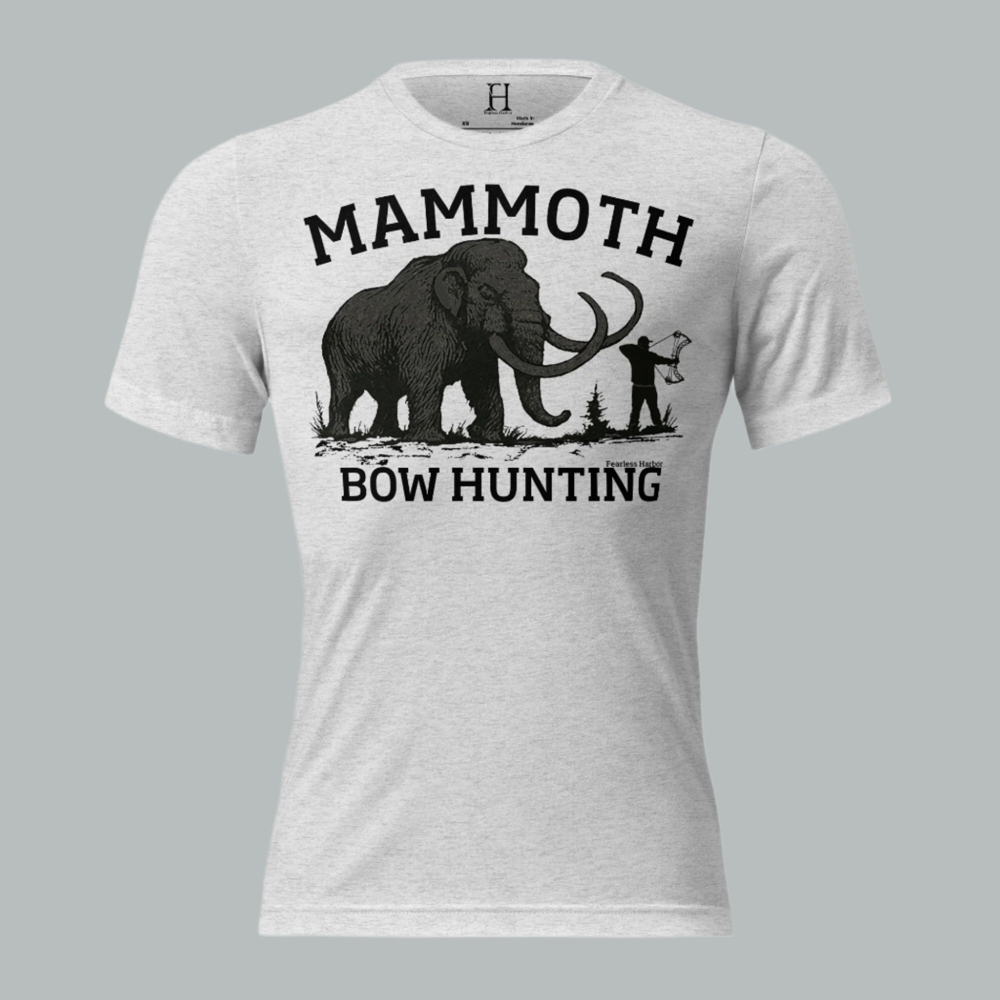 Front view of Men's Utah Mammoth Bow Hunting Tee in white fleck with bold mammoth and bow hunter graphic.