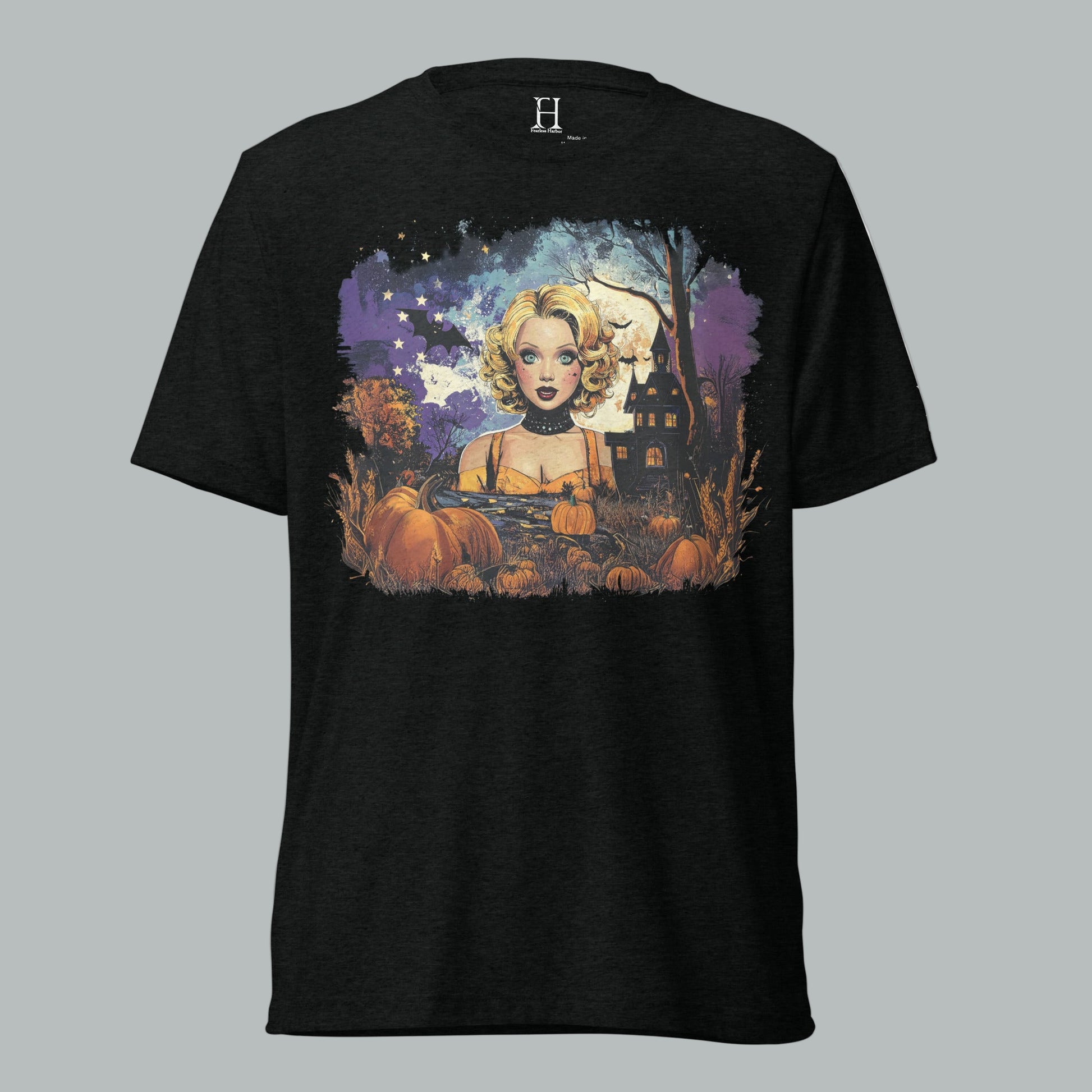 Front view of Midnight Forest Muse Tee in Black, featuring vintage haunted midnight forest design for Halloween.