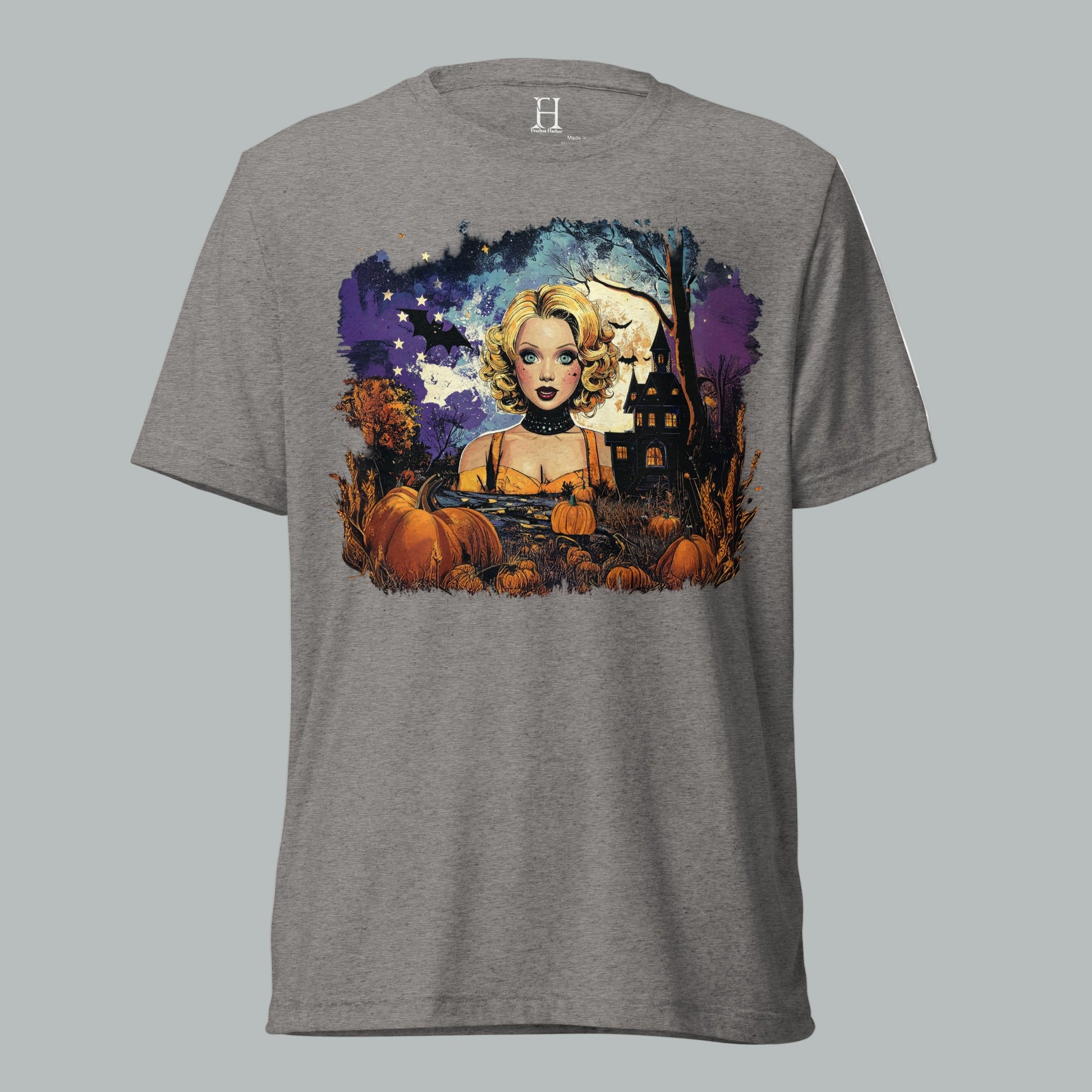 Front view of Midnight Forest Muse Tee in Grey, featuring vintage haunted midnight forest design for Halloween.