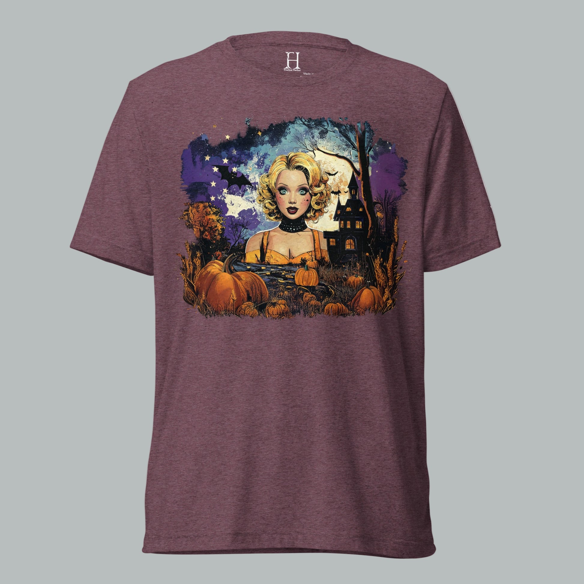 Front view of Midnight Forest Muse Tee in Maroon, featuring vintage haunted midnight forest design for Halloween.