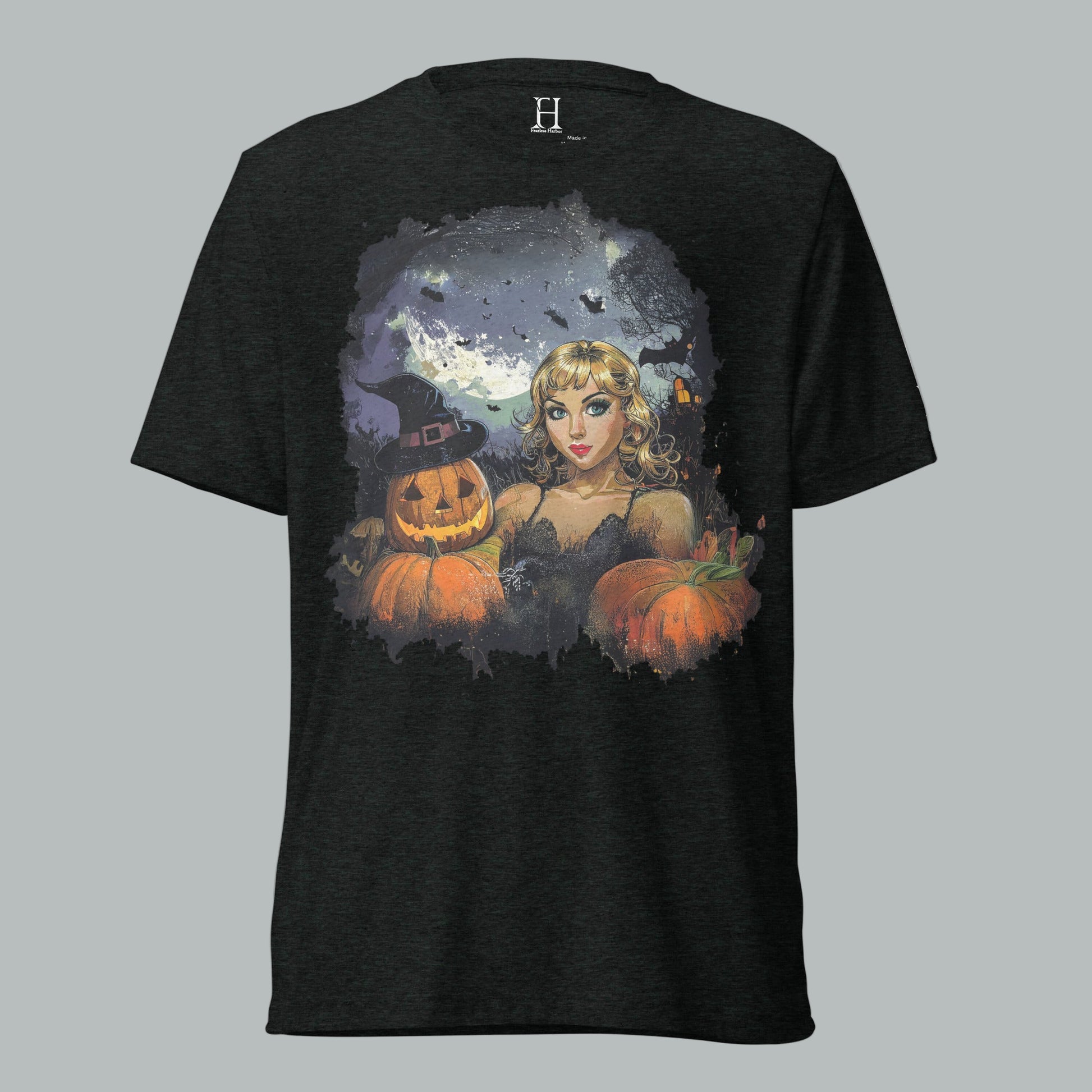Front view of Fearless Harbor Mystic Moonlit Siren Tee in Charcoal Black, featuring vintage haunted moonlit design for Halloween.