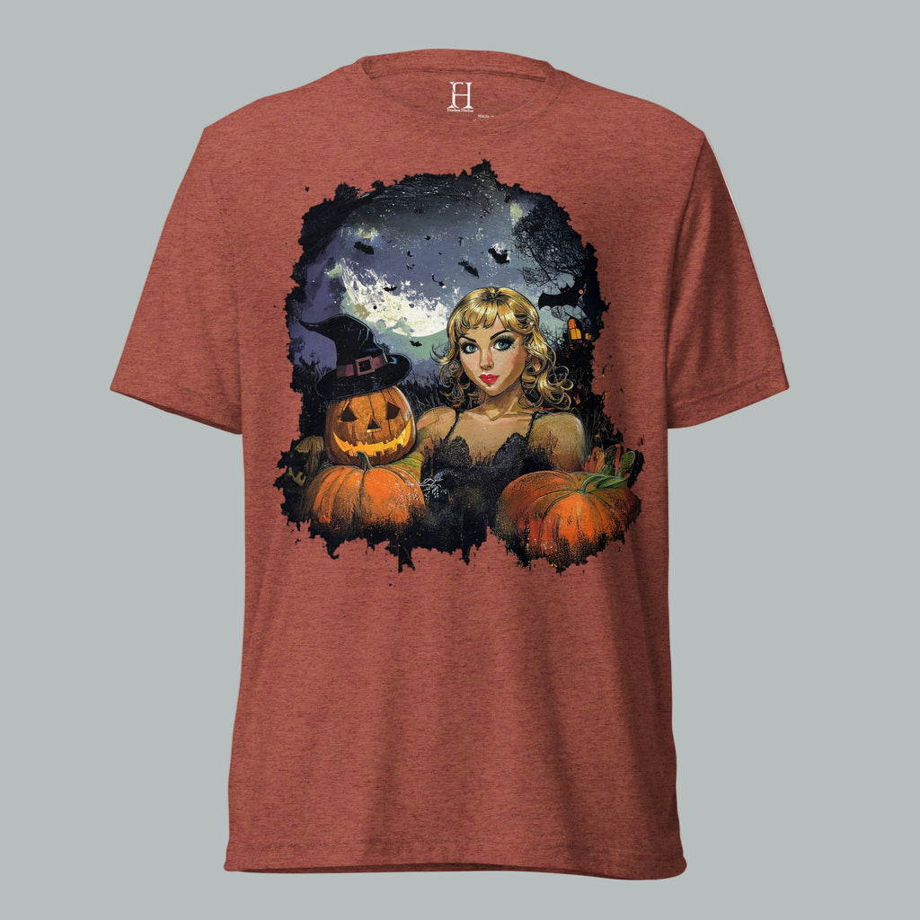 Front view of Fearless Harbor Mystic Moonlit Siren Tee in Clay, featuring vintage haunted moonlit design for Halloween.