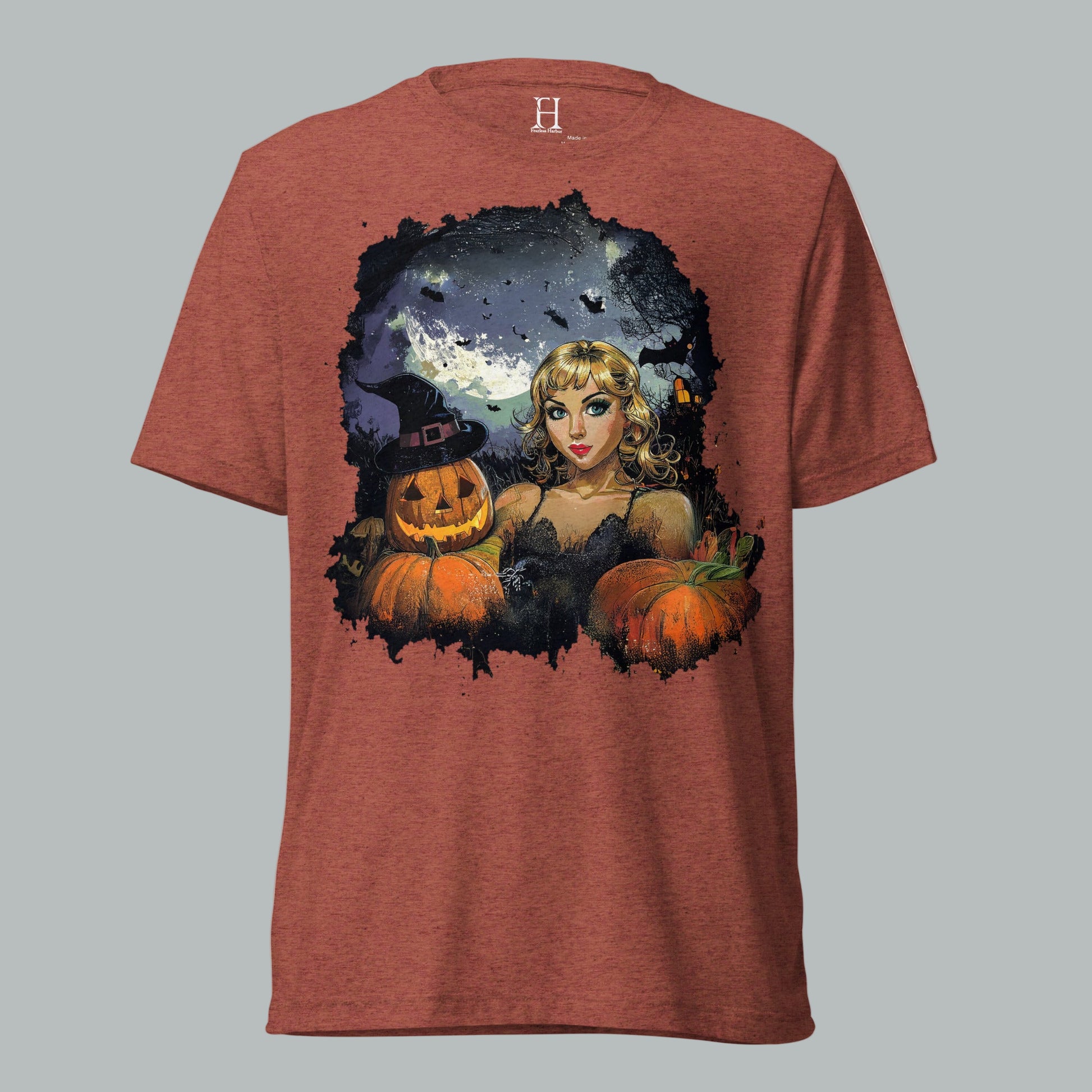 Front view of Fearless Harbor Mystic Moonlit Siren Tee in Clay, featuring vintage haunted moonlit design for Halloween.