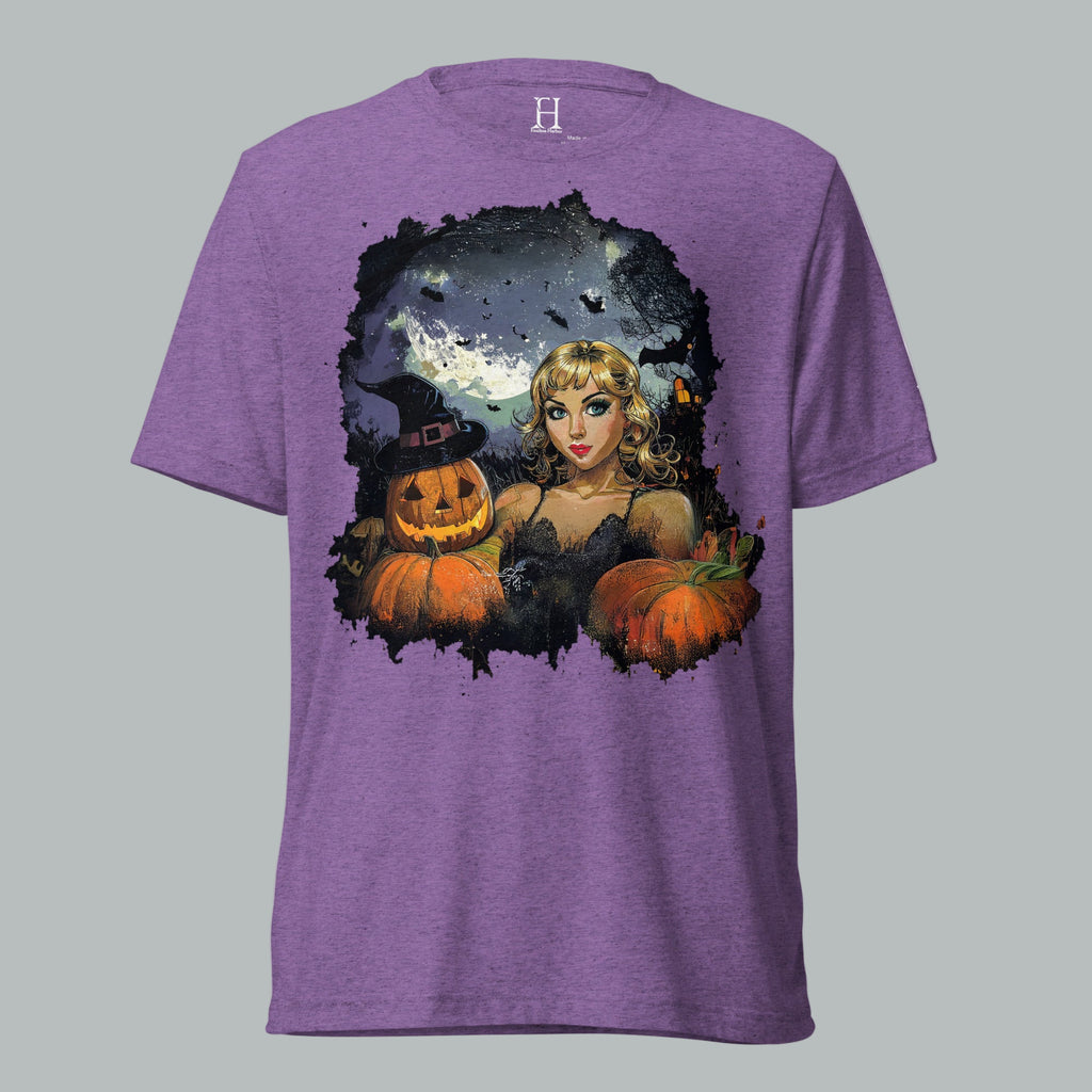 Front view of Fearless Harbor Mystic Moonlit Siren Tee in Purple, featuring vintage haunted moonlit design for Halloween.