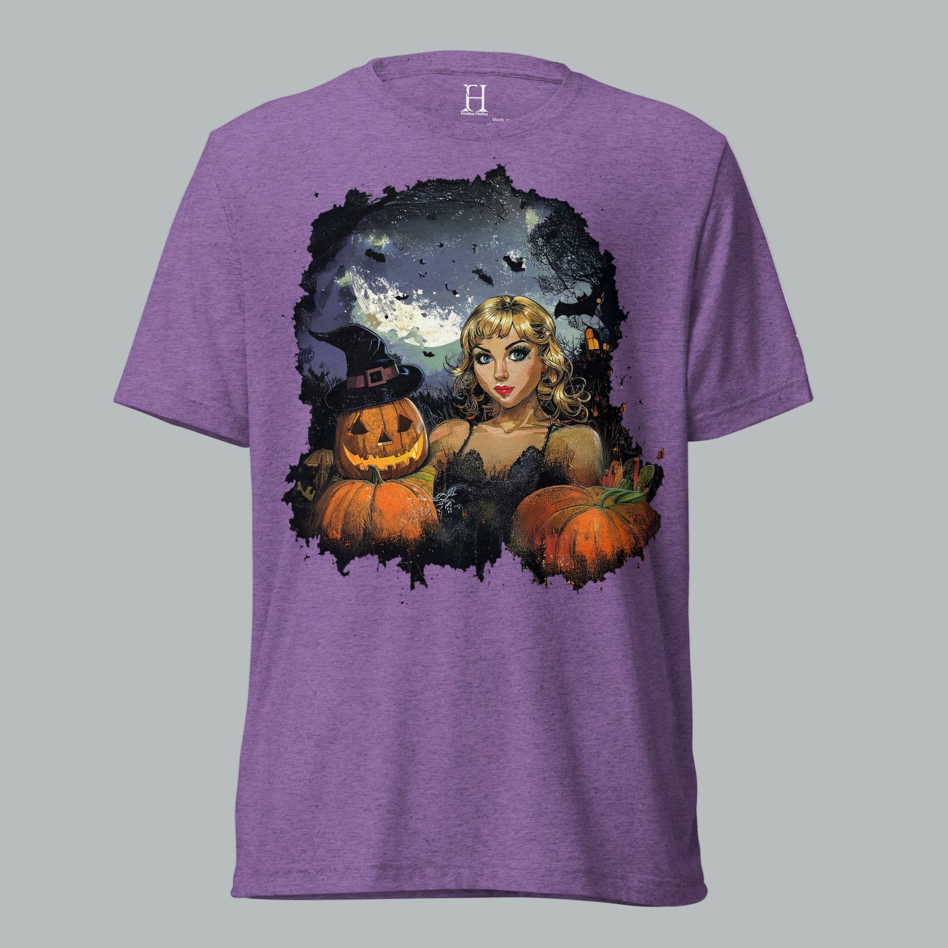 Front view of Fearless Harbor Mystic Moonlit Siren Tee in Purple, featuring vintage haunted moonlit design for Halloween.
