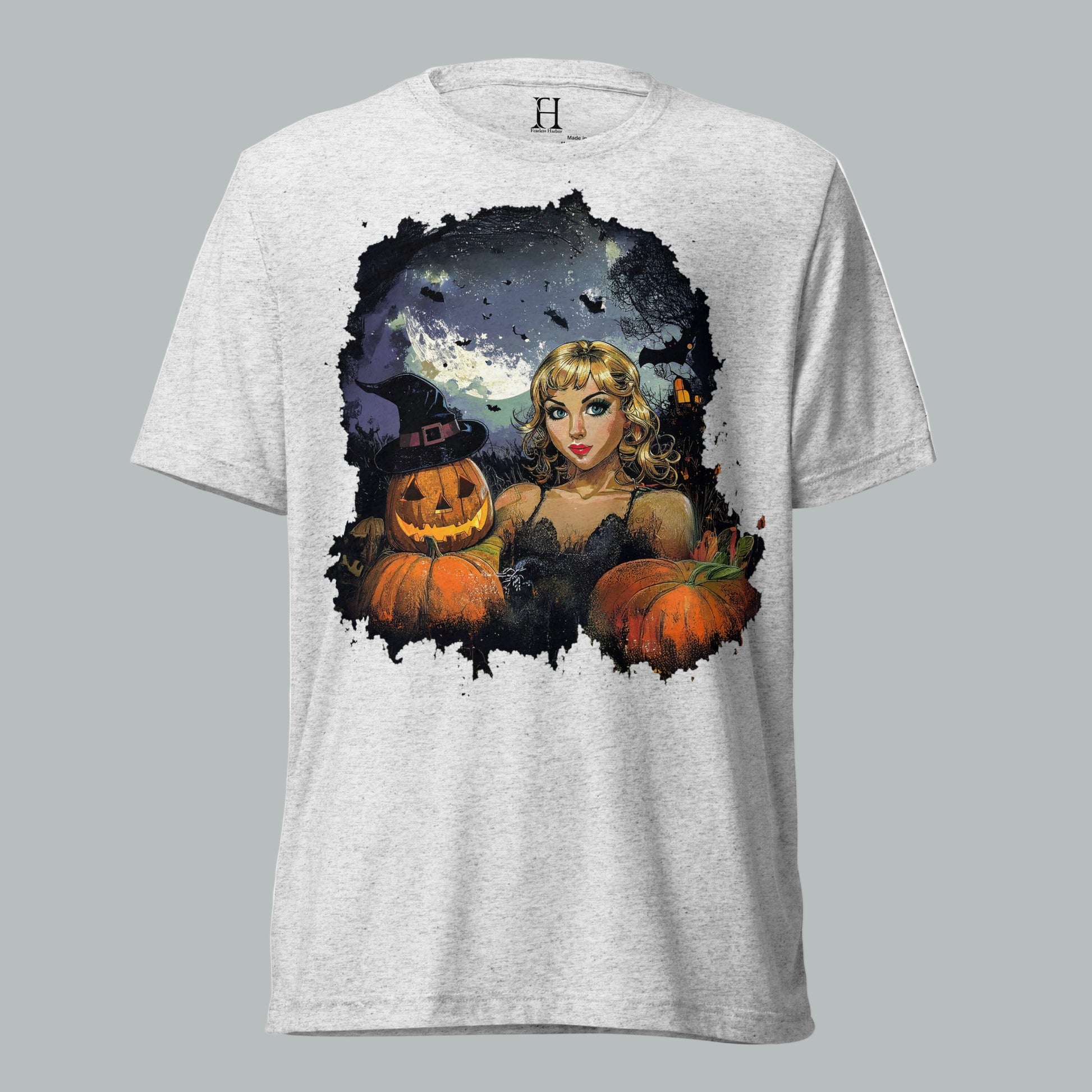 Front view of Fearless Harbor Mystic Moonlit Siren Tee in White Fleck, featuring vintage haunted moonlit design for Halloween.