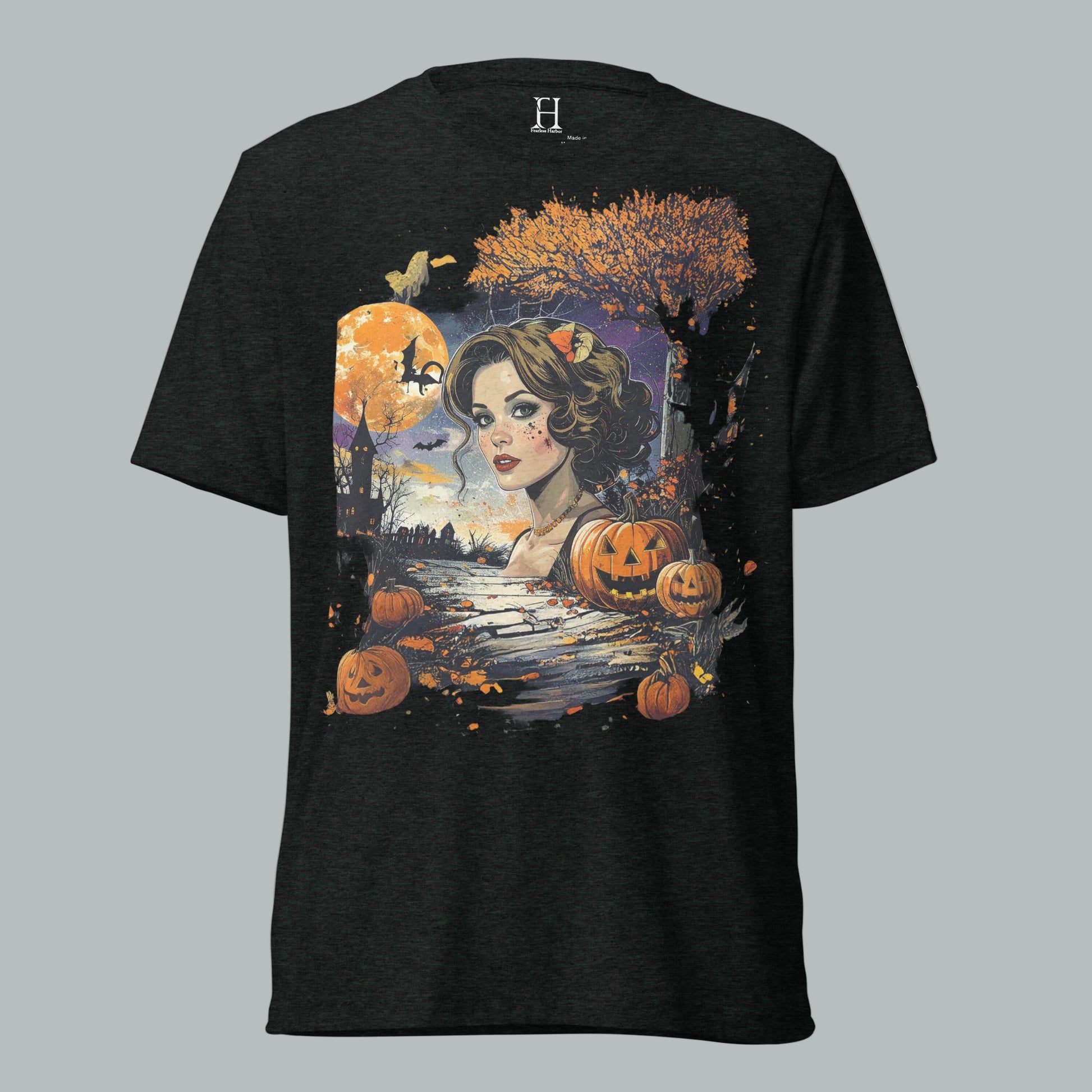 Front view of Shadowed Siren Glow Tee in charcoal black, featuring vintage haunted glowing siren design for Halloween.